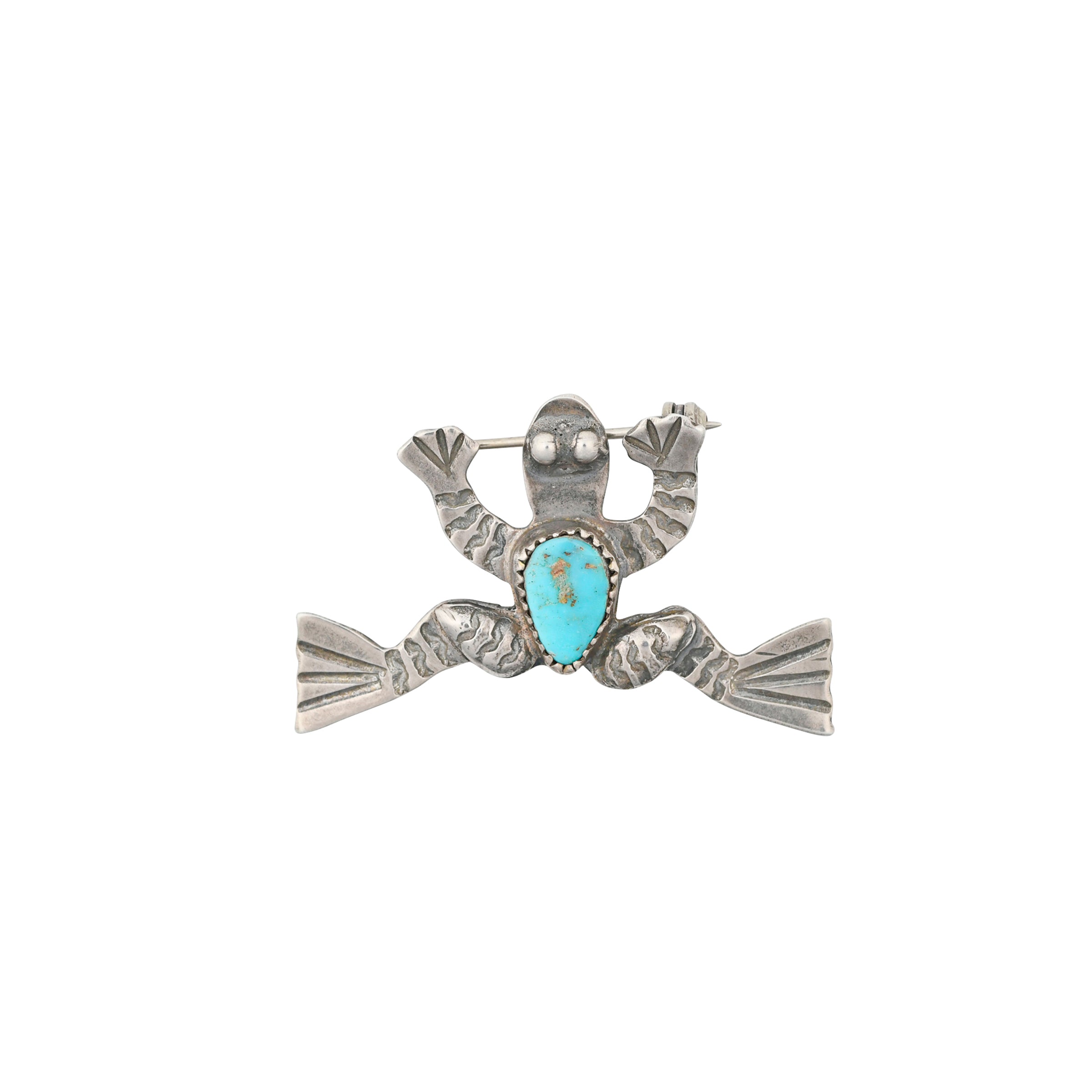 A Sterling Silver leaping Frog pin by Joe Eby with a Blue Turquoise as the centerpiece.