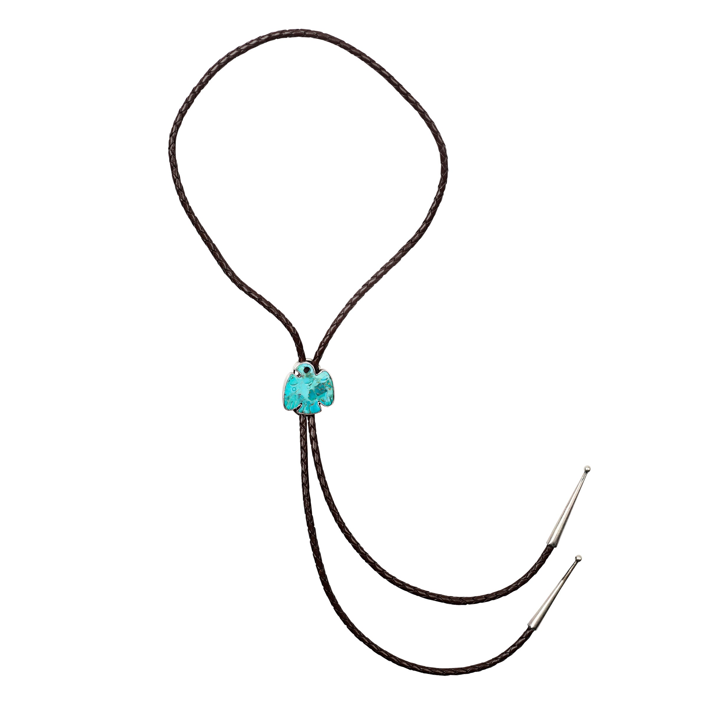 This bolo features a Thunderbird carved from Blue Turquoise in Sterling Silver. Strung on brown braided leather and finished with Sterling Silver tips.