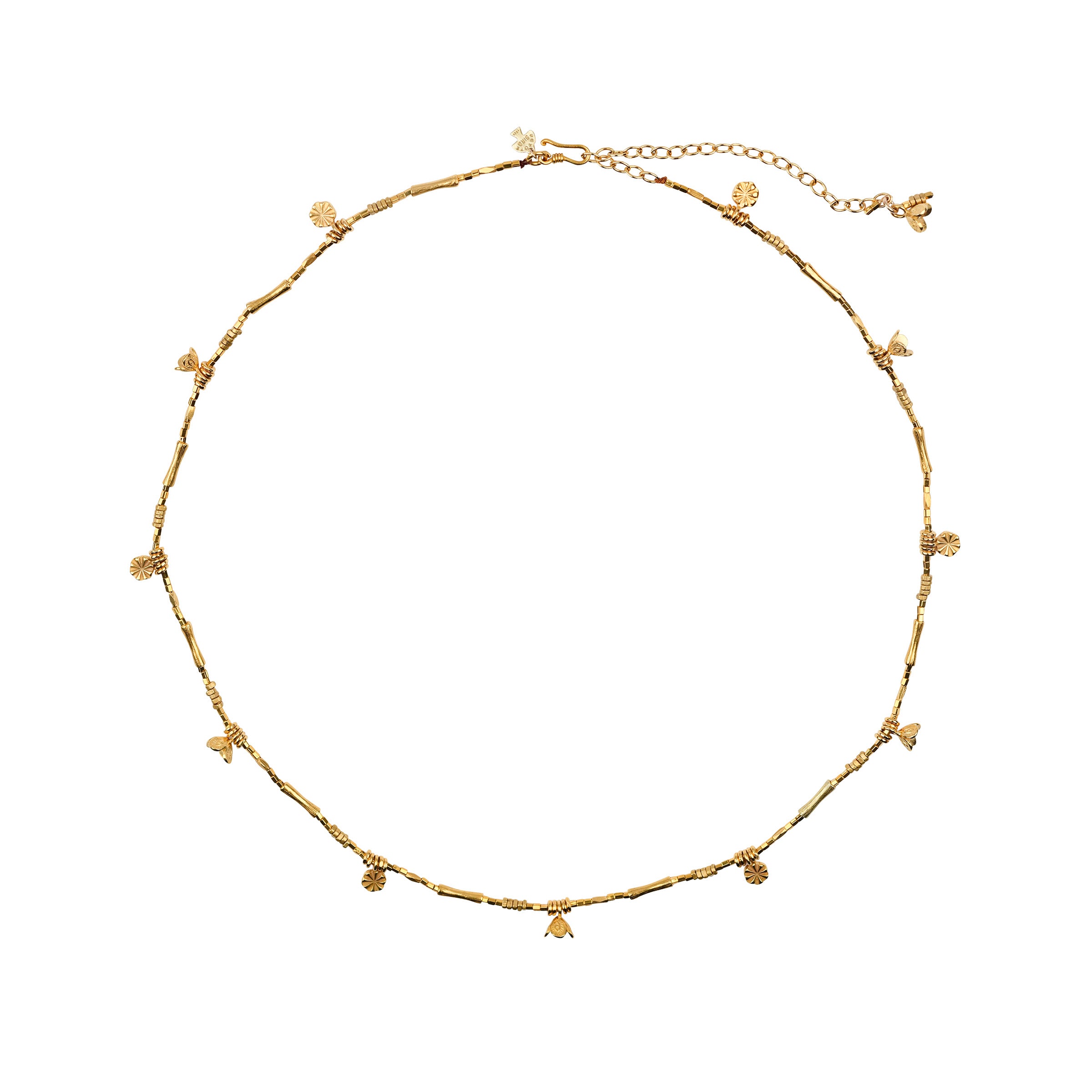 Gold hatband with gold beads and charms and extender chain and hook closure.