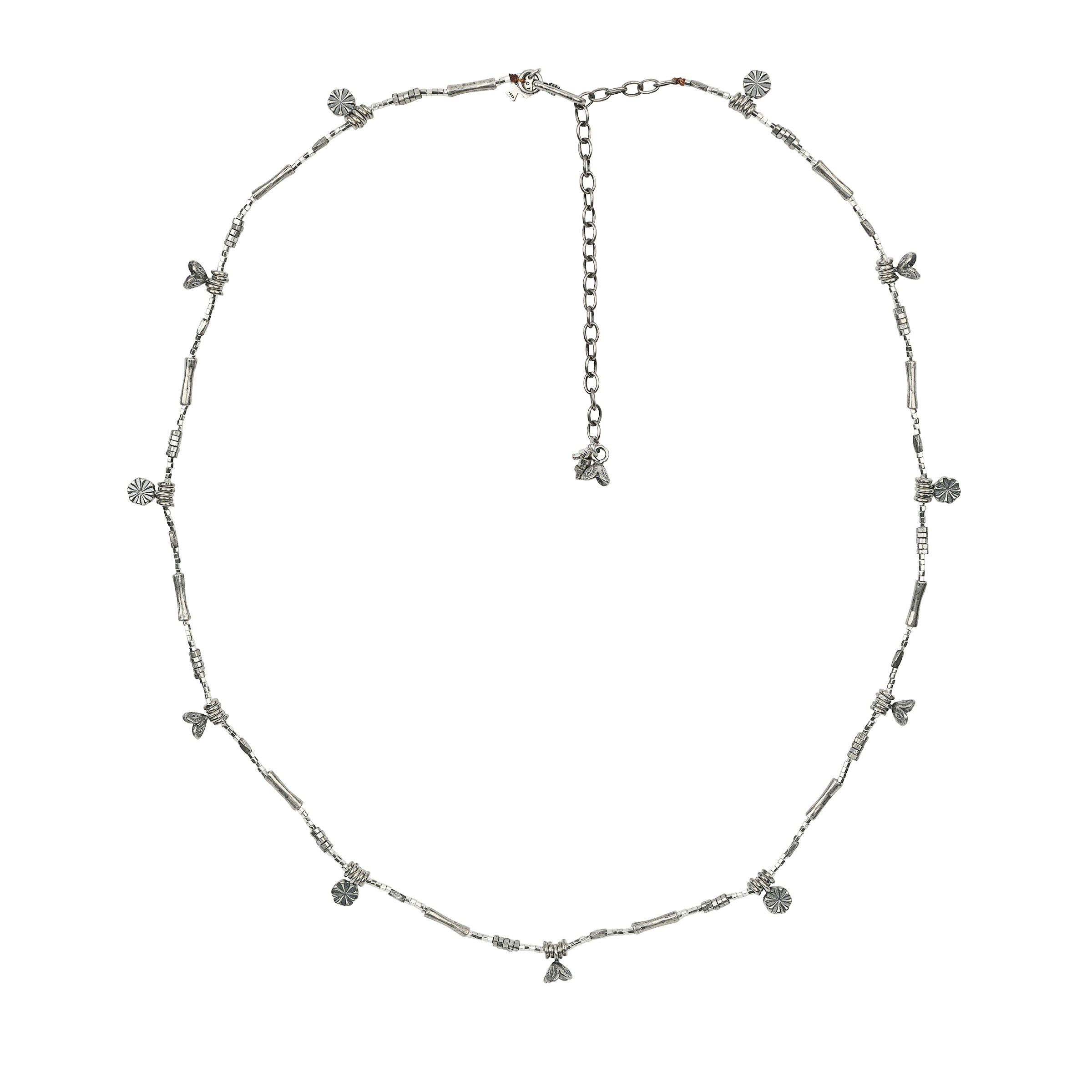 Silver hatband with silver beads and charms and extender chain and hook closure.