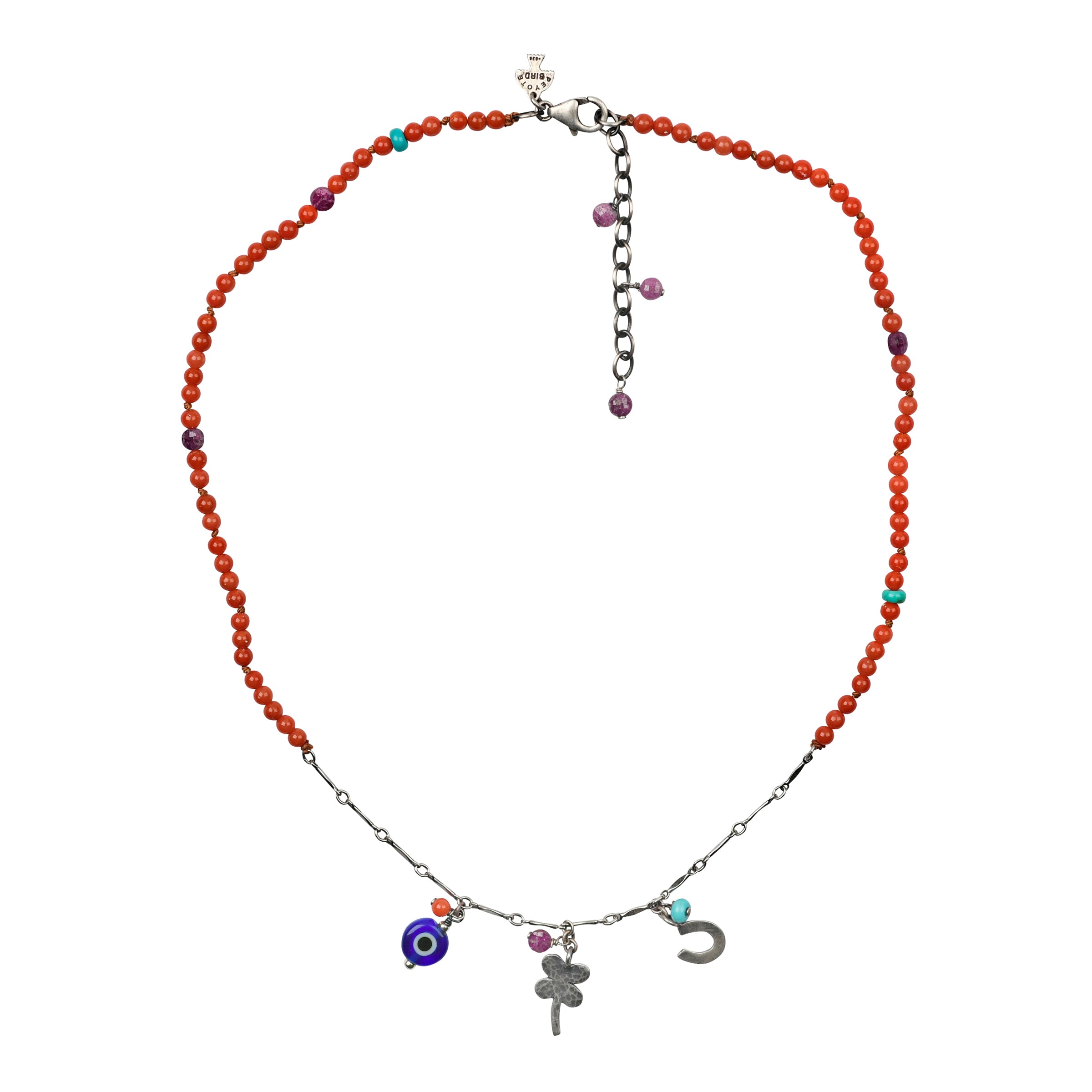 A Peyote Bird Original Beaded Necklace with Carnelian, Ruby, Blue Turquoise finished off with Sterling Silver Horseshoe and Clover Charms, and Glass Evil Eye Charm