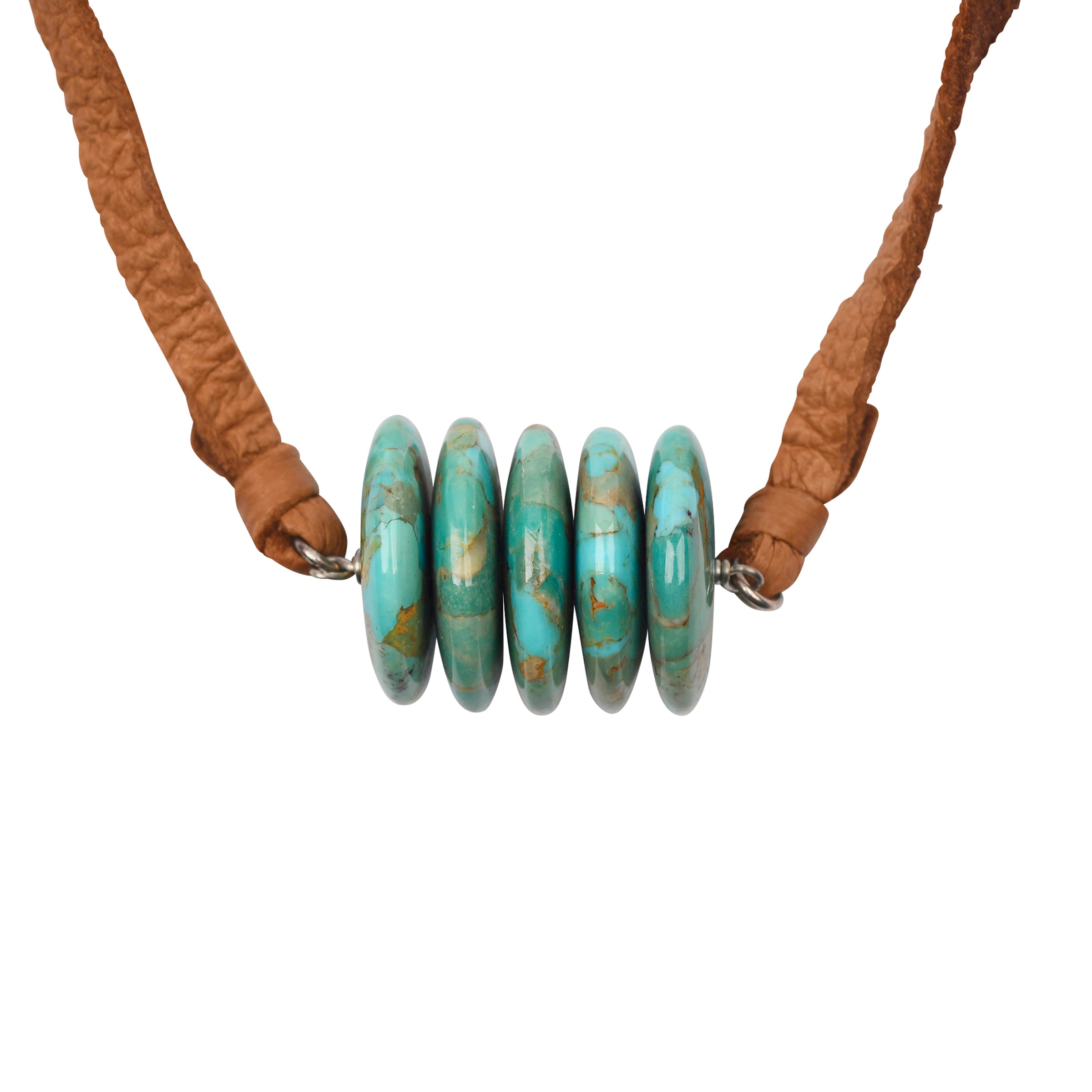 Large beads of Turquoise strung on soft deerskin leather to make a unique, Santa Fe Style Necklace