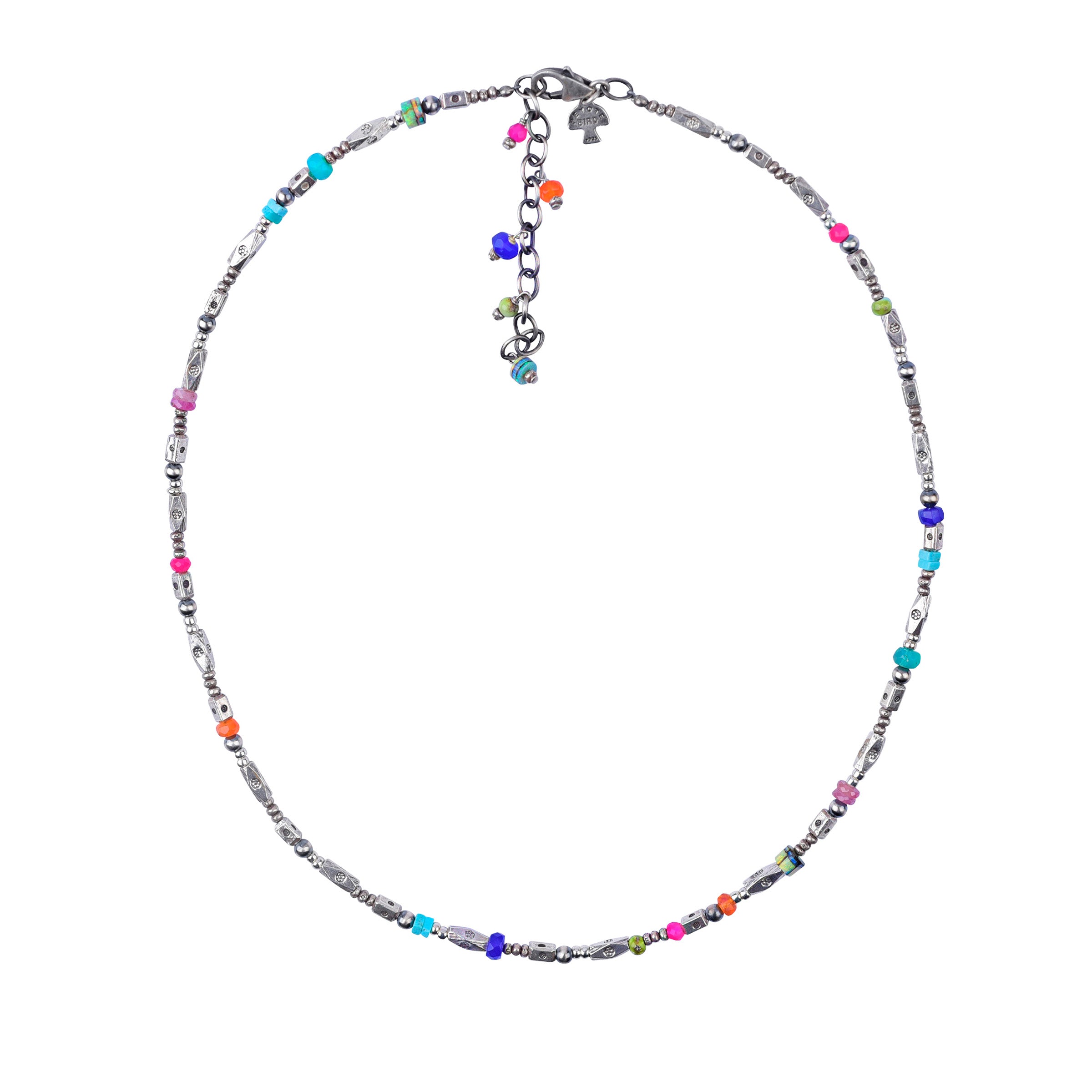 An eclectic, multi stone beaded necklace made with Sterling Silver, Ethiopian Opal, Pink Sapphire, Chalcedony and Turquoise Beads.