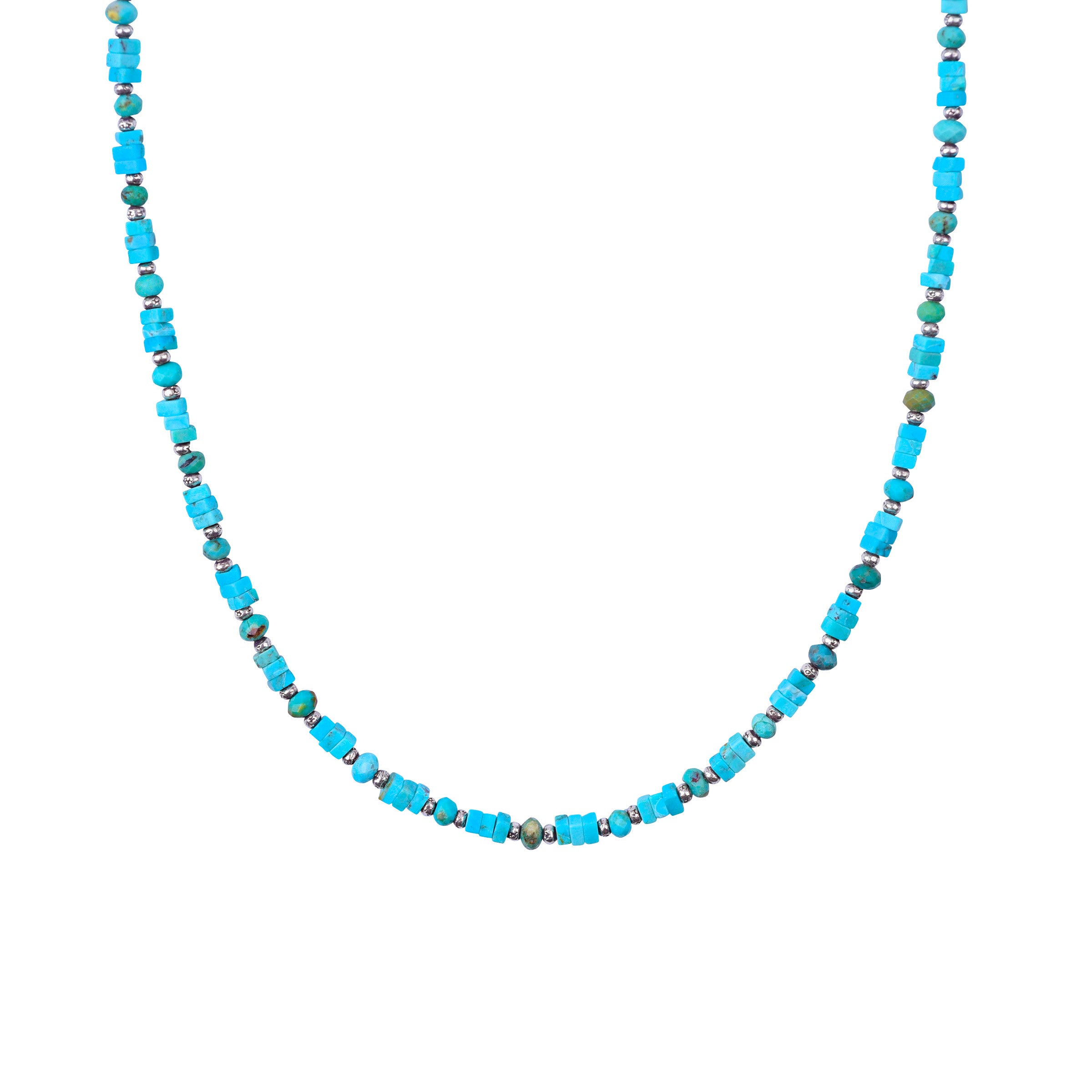 Turquoise and Sterling Silver Beaded Necklace in 24 inches with Sterling Silver Toggle