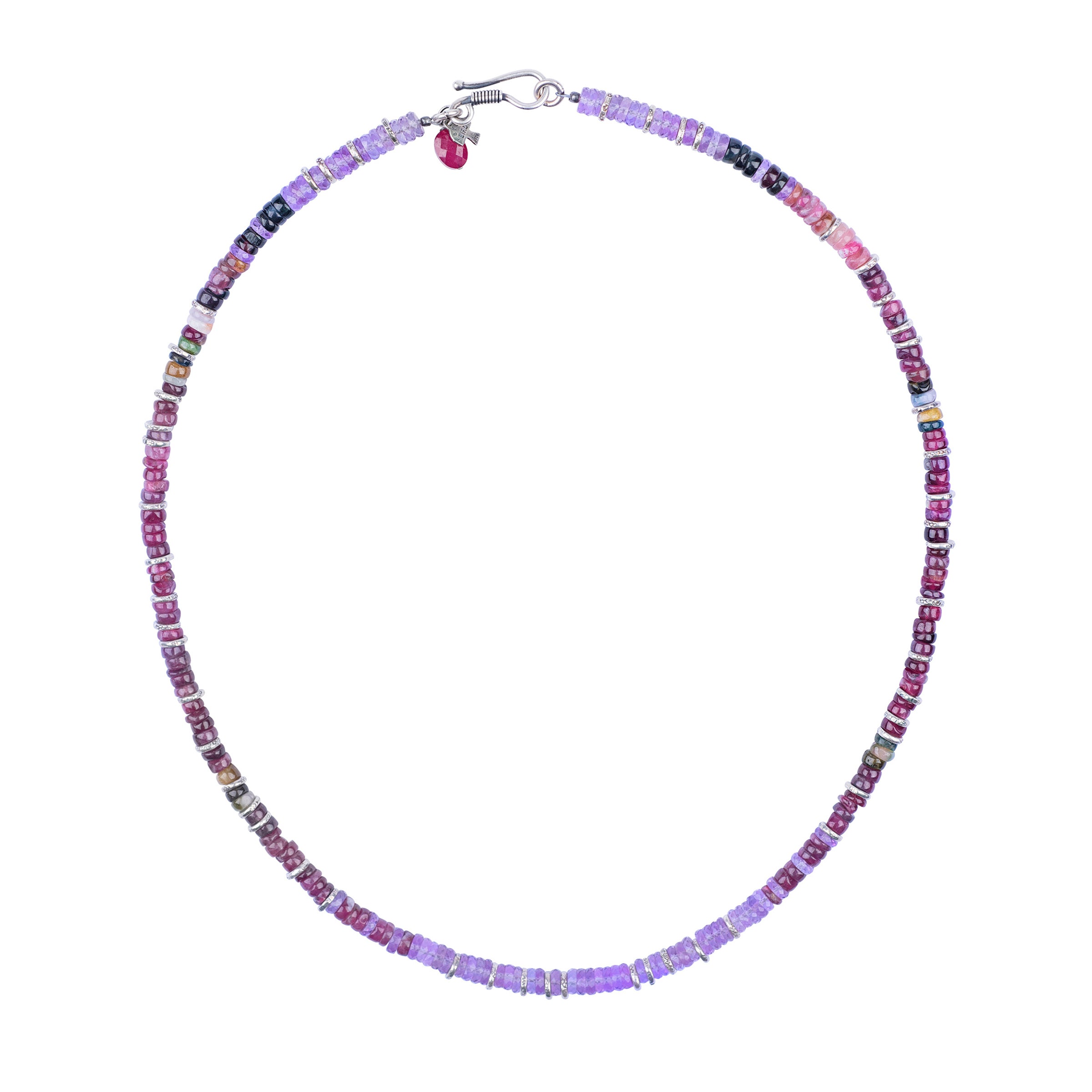 Peyote Bird Original beaded necklace strung with Amethyst, Tourmaline, and topped with Ruby. Finished with a Sterling Silver hook toggle