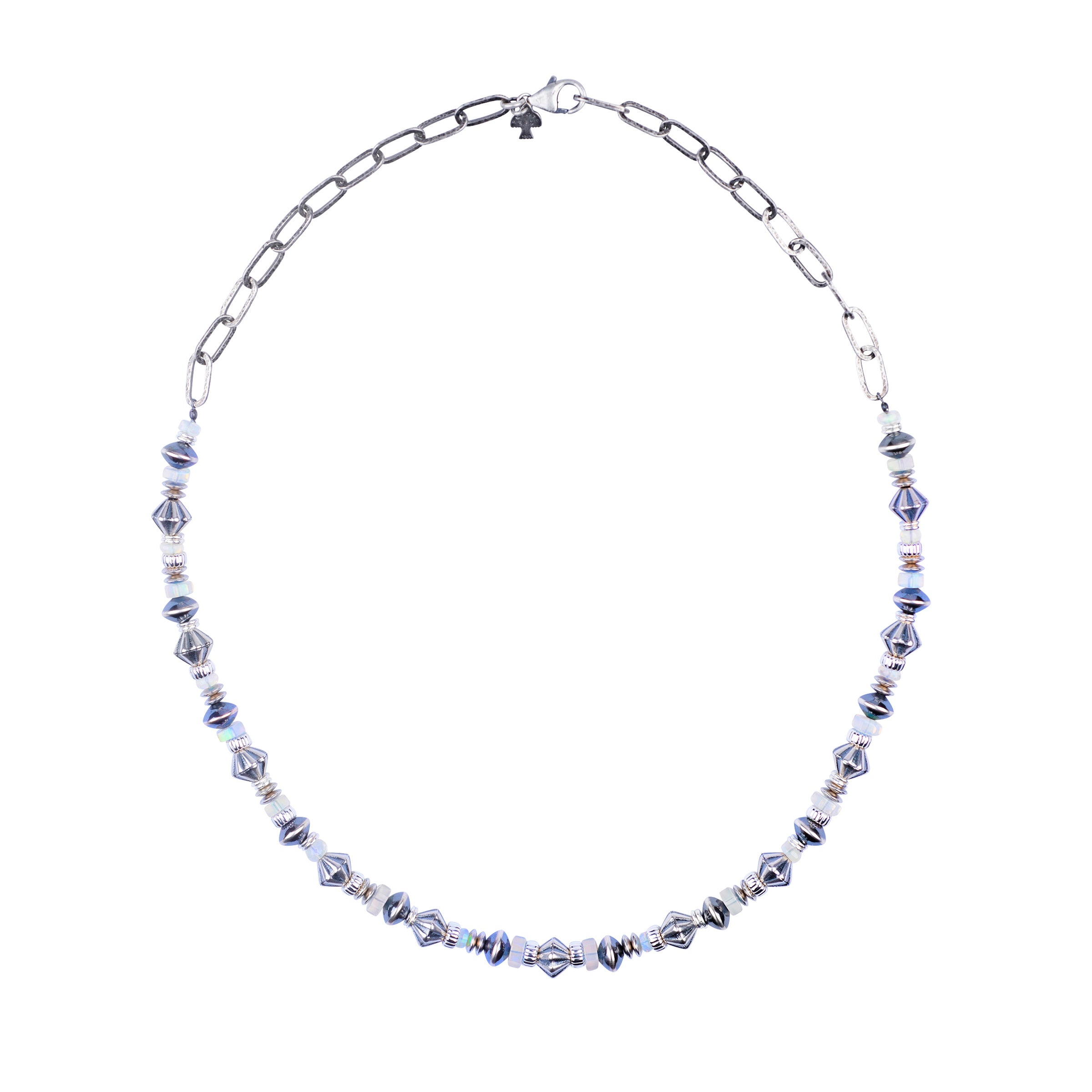 A chain and beaded necklace strung with Desert Pearl saucers, Ethiopian Opal, and Sterling Silver adornments.