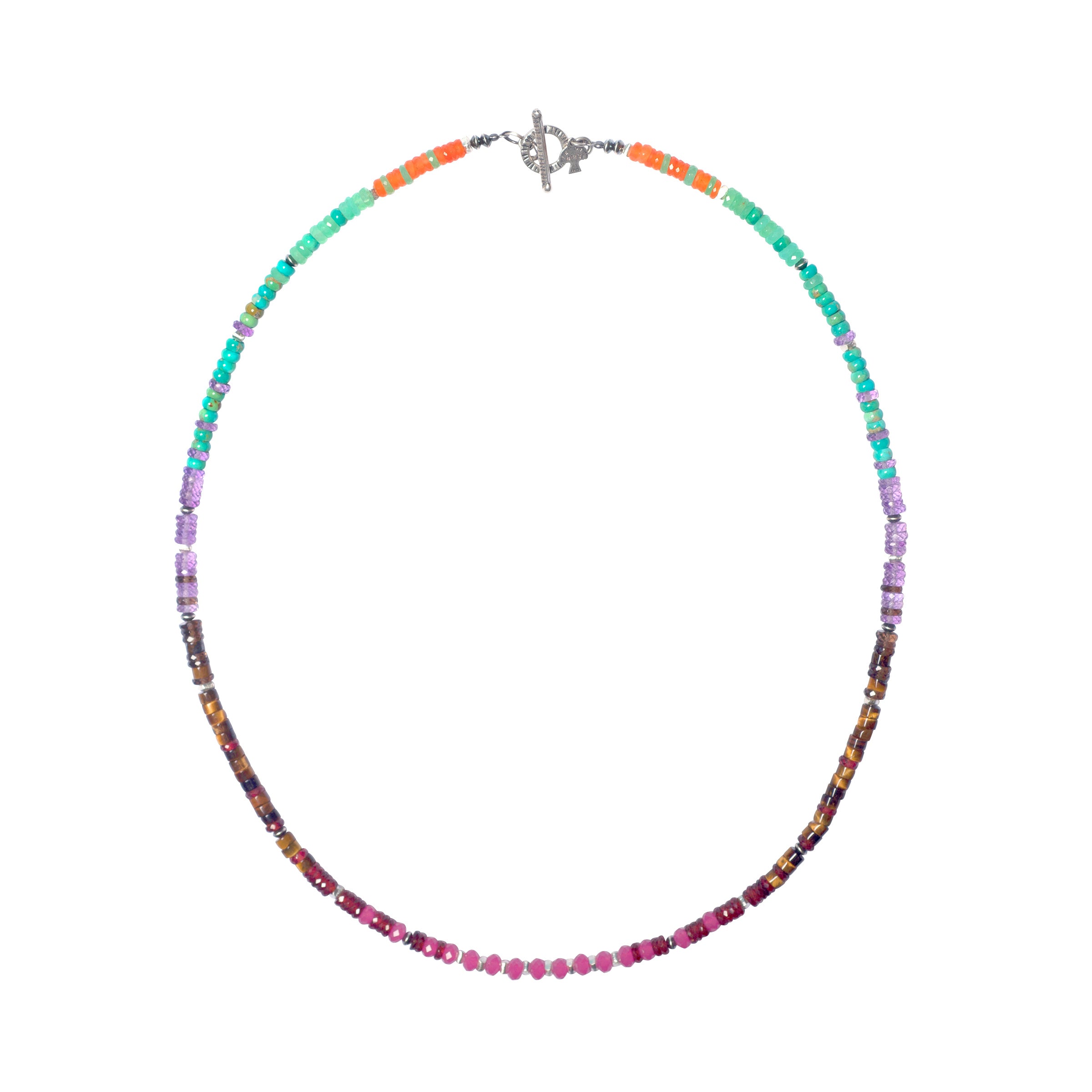 Pink, brown, purple, green and orange gemstone necklace with sterling silver toggle closure.
