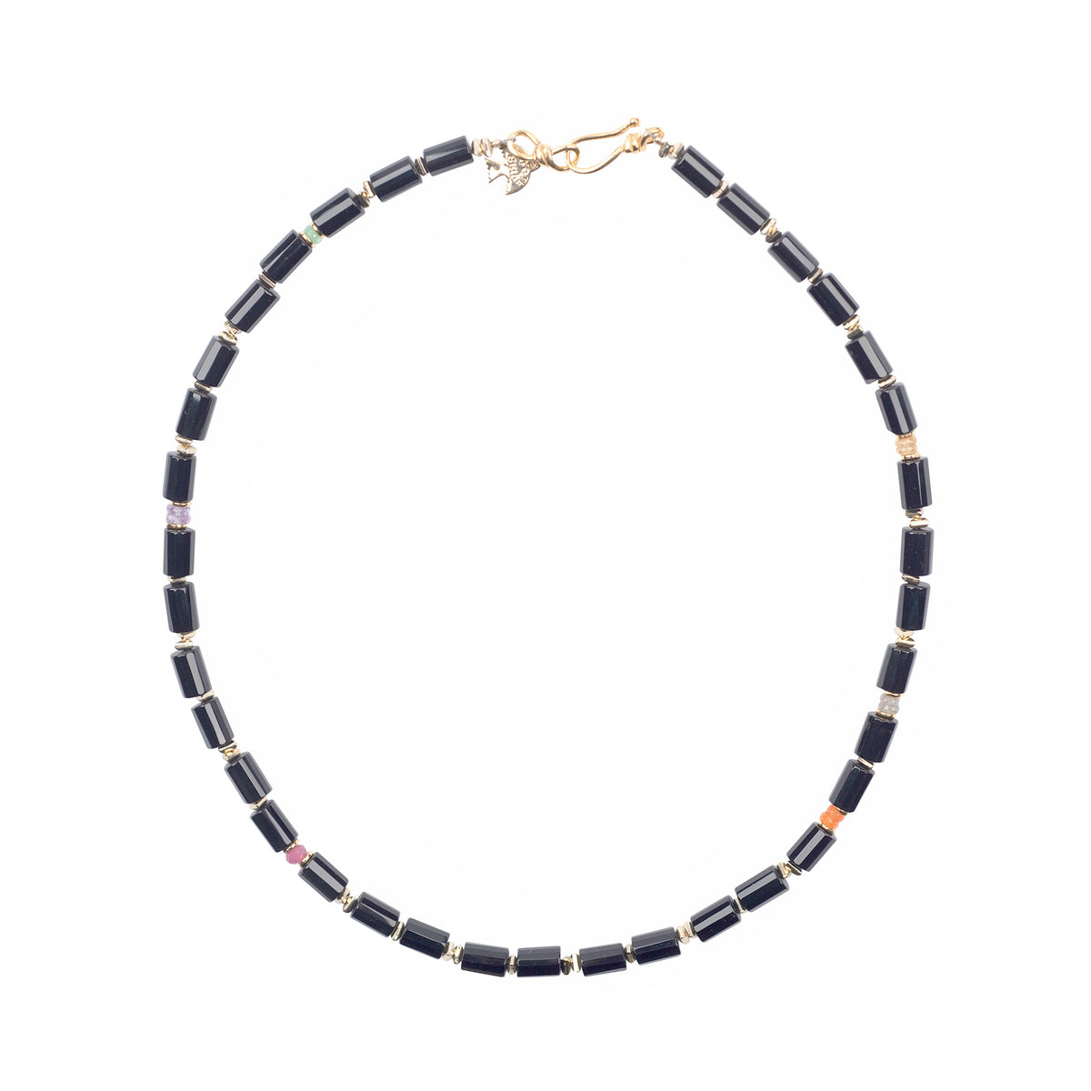 Beaded necklace with black and gold beads and a gold hook closure.