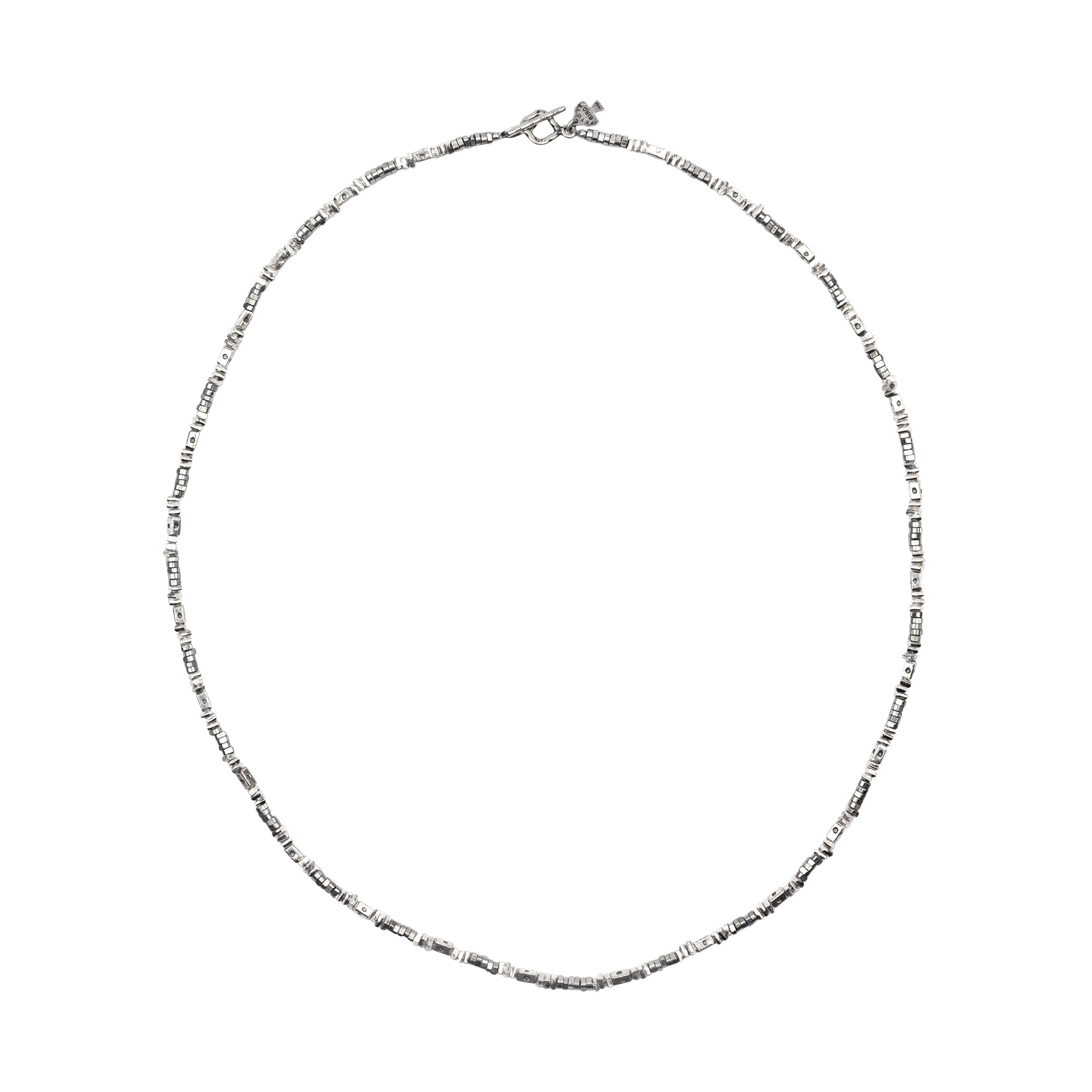 Our Plata Necklace is beaded with Sterling Silver Thai beading and finished with a Sterling Silver toggle