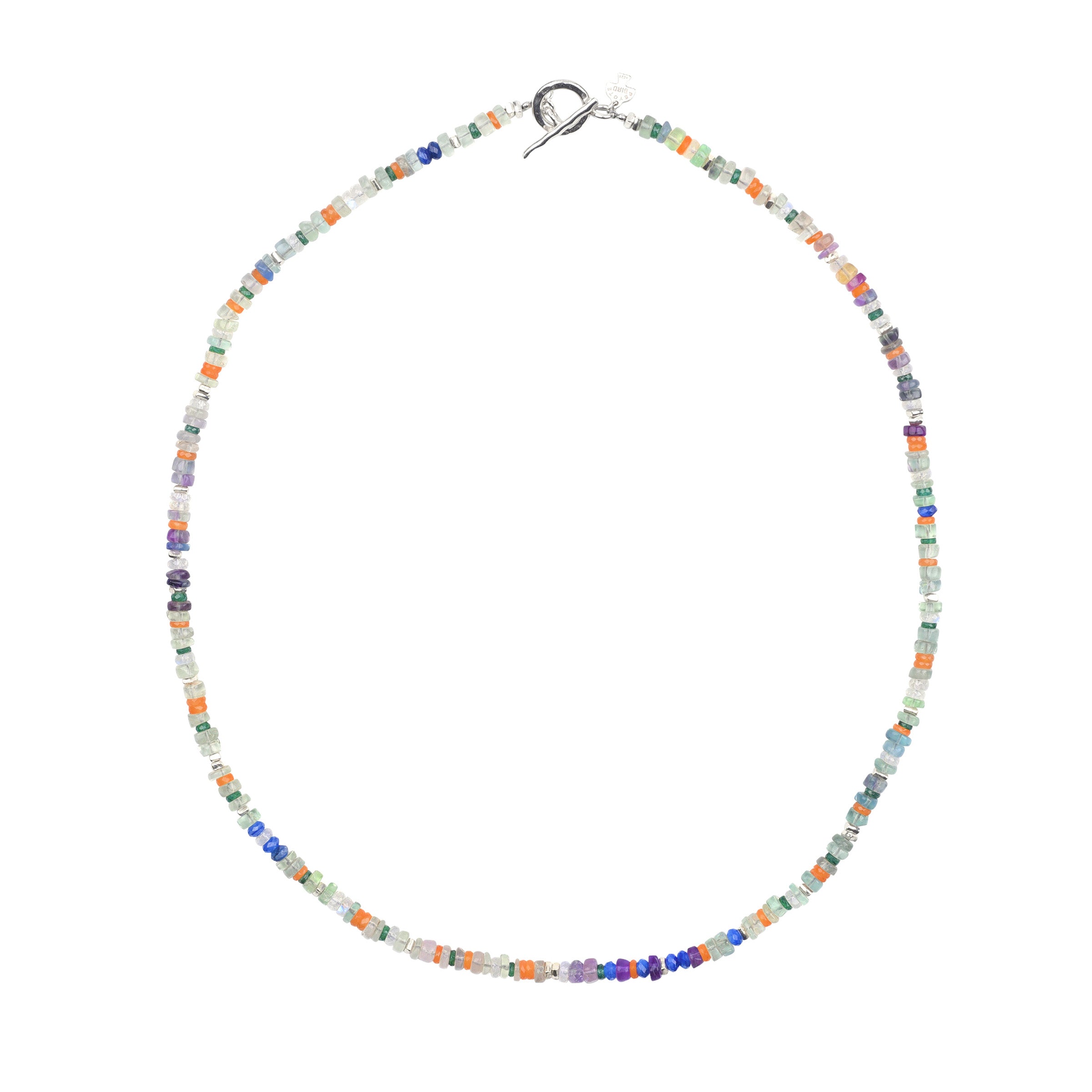 A Peyote Bird Original beaded necklace made with Rainbow Moonstone, Kyanite, Fluorite, Carnelian, and Aventurine topped with Sterling Silver Thai Beading.
