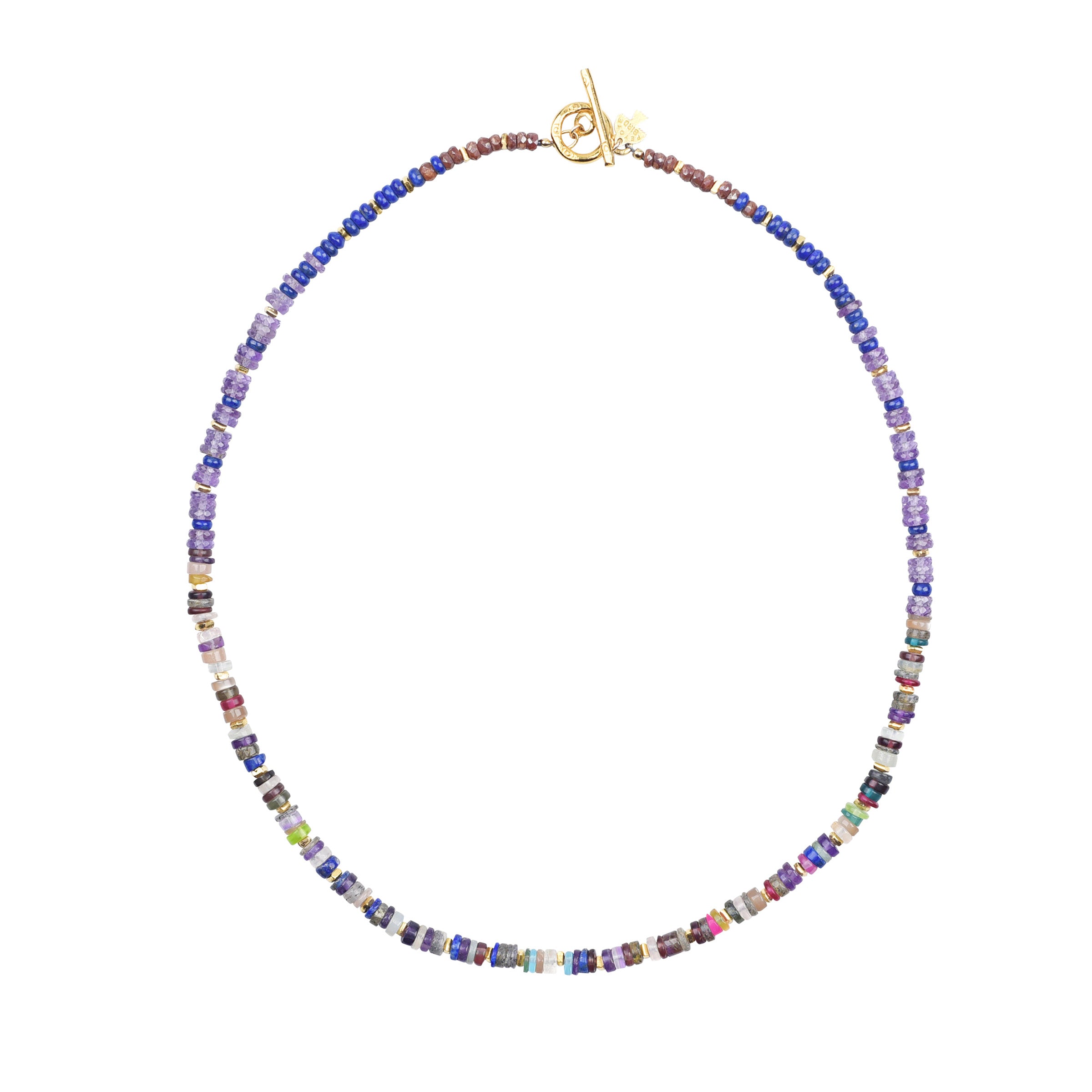 A beaded necklace strung with Amethyst, Lapis, Brown Silverite, and Multi Stone Mix with 14k gold plated toggle