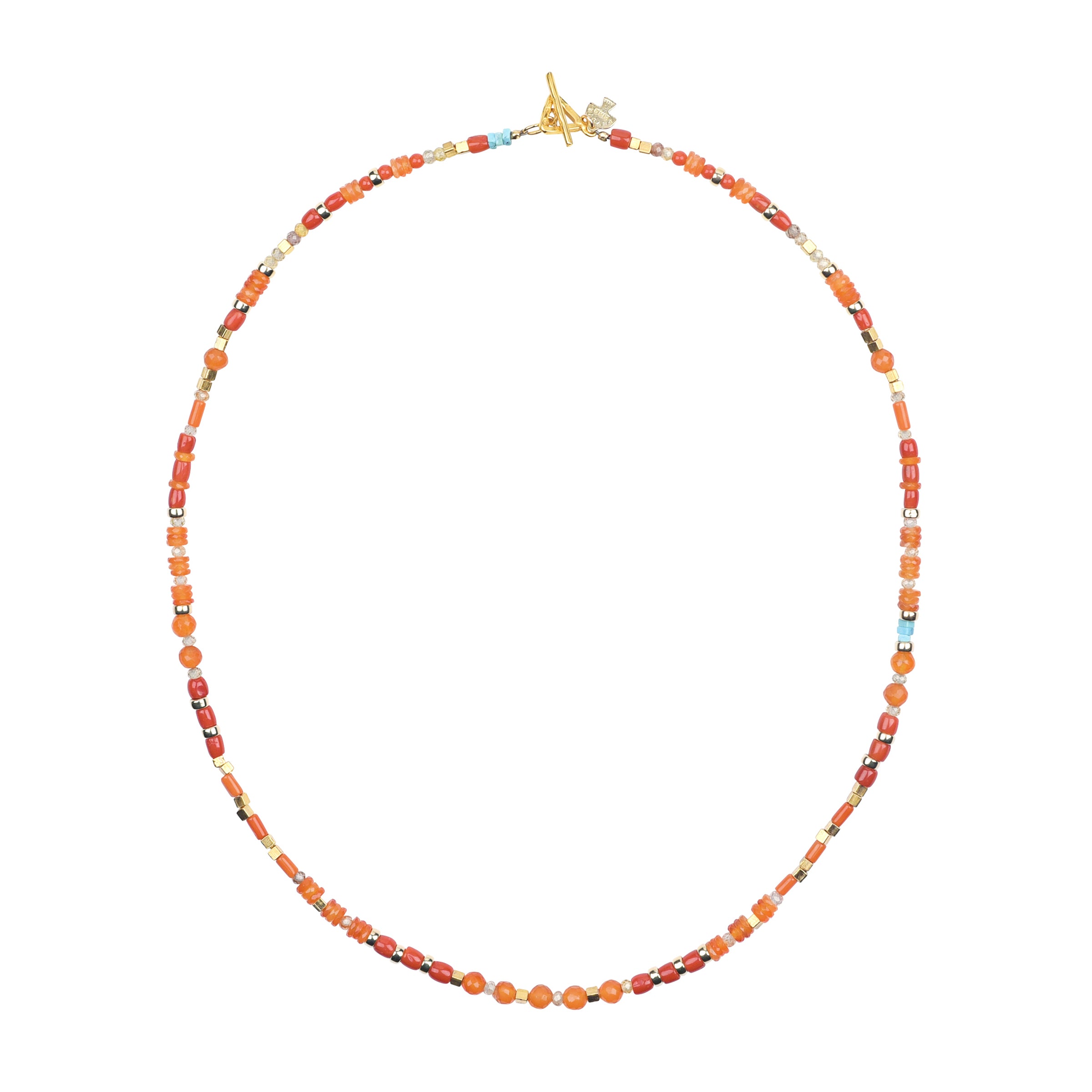 A beaded necklace strung with Carnelian, Blue Turquoise, Coral, and 14k Gold Plate and Gold Filled beading with Gold Toggle