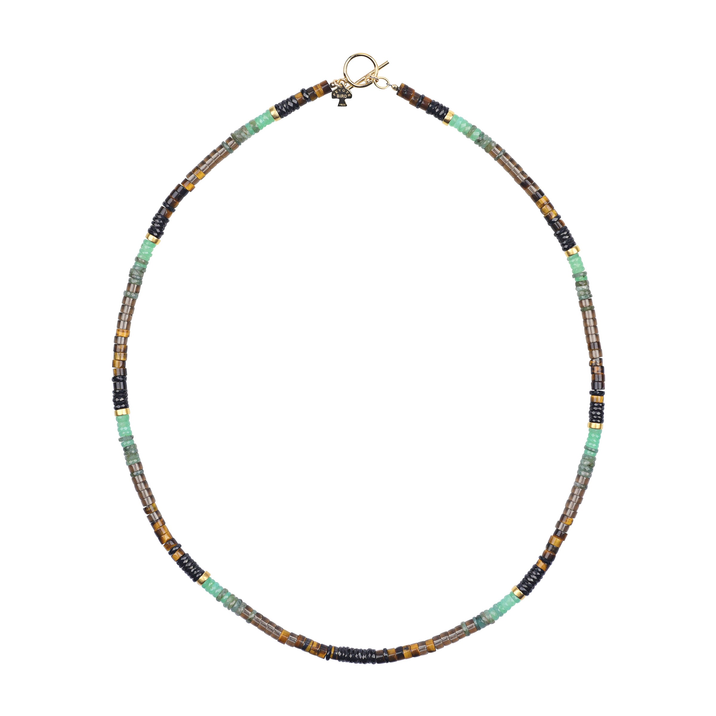 A beautifully handmade beaded necklace strung with Ice Obsidian, Chrysoprase, Black Spinel, Tigers Eye, and Emerald finished with a 14k Gold Plate toggle