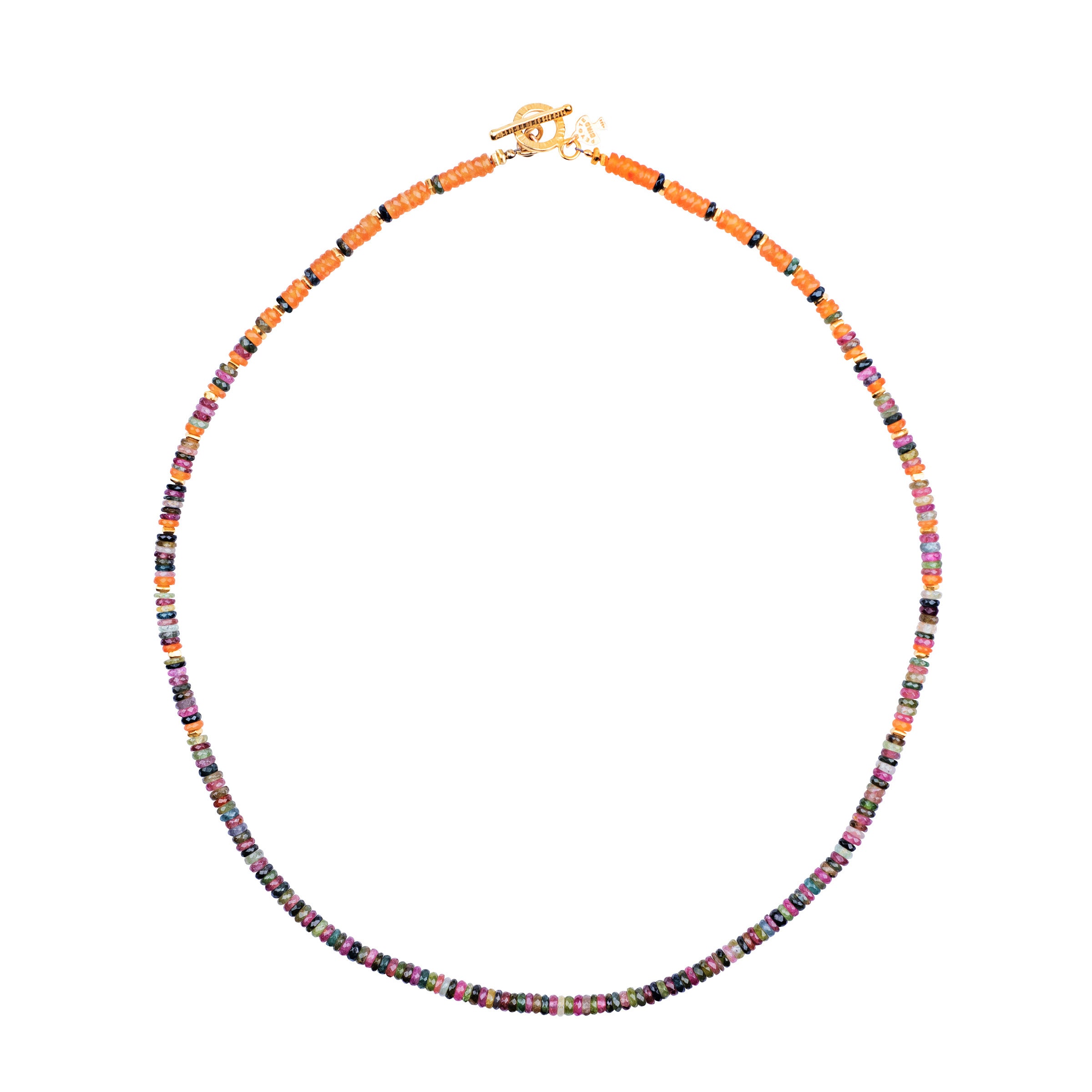 A beaded necklace adorned with Carnelian and Watermelon Tourmaline topped with 14k gold fill and 14k gold plated beading and toggle