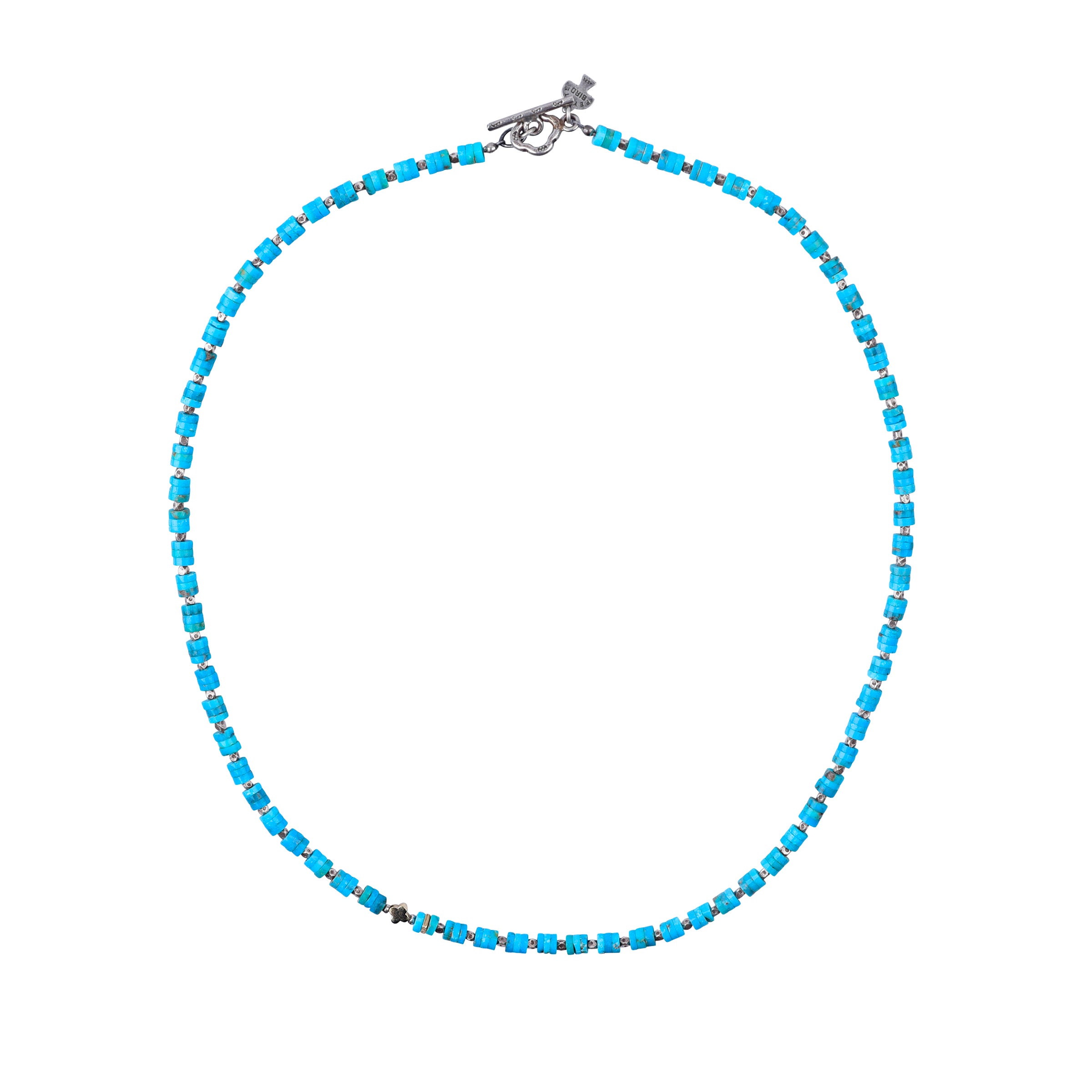 Natural Blue Turquoise and Sterling Silver Thai beaded necklace with a clover accent