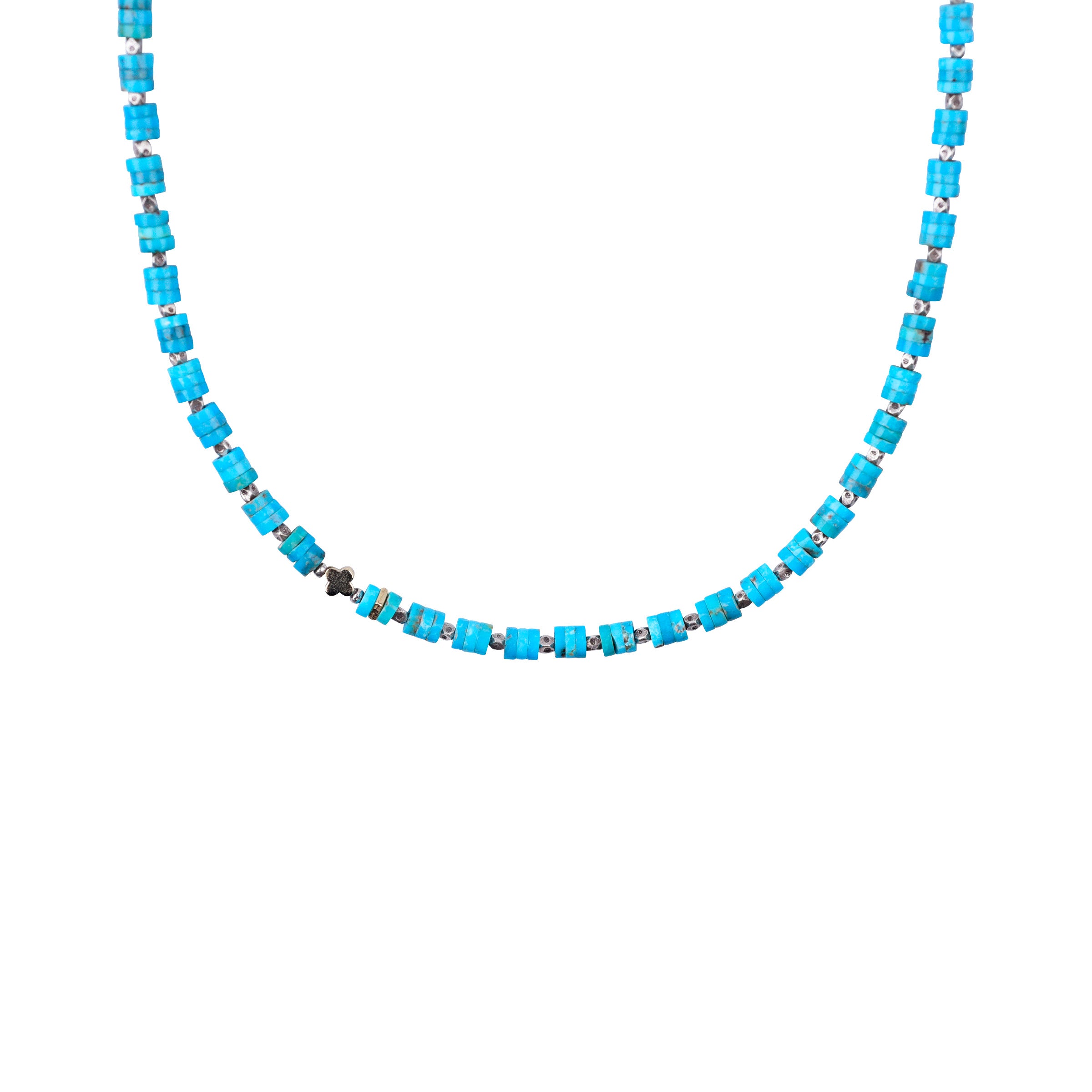 Natural Blue Turquoise and Sterling Silver Thai beaded necklace with a clover accent