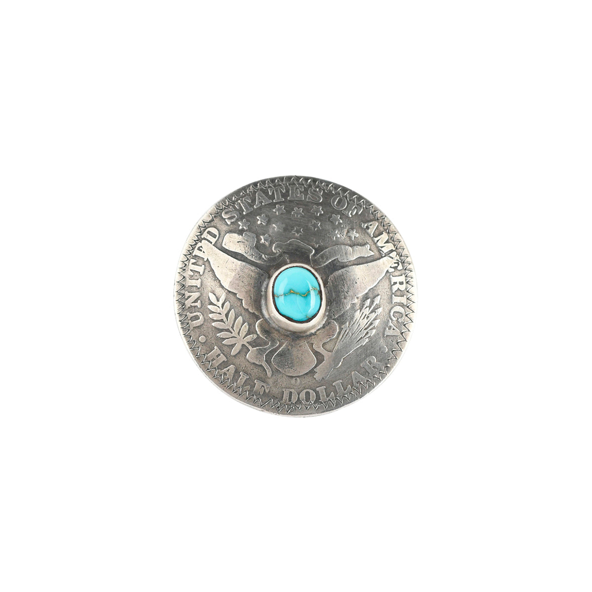 A silver coin ring featuring a blue turquoise stone as the centerpiece