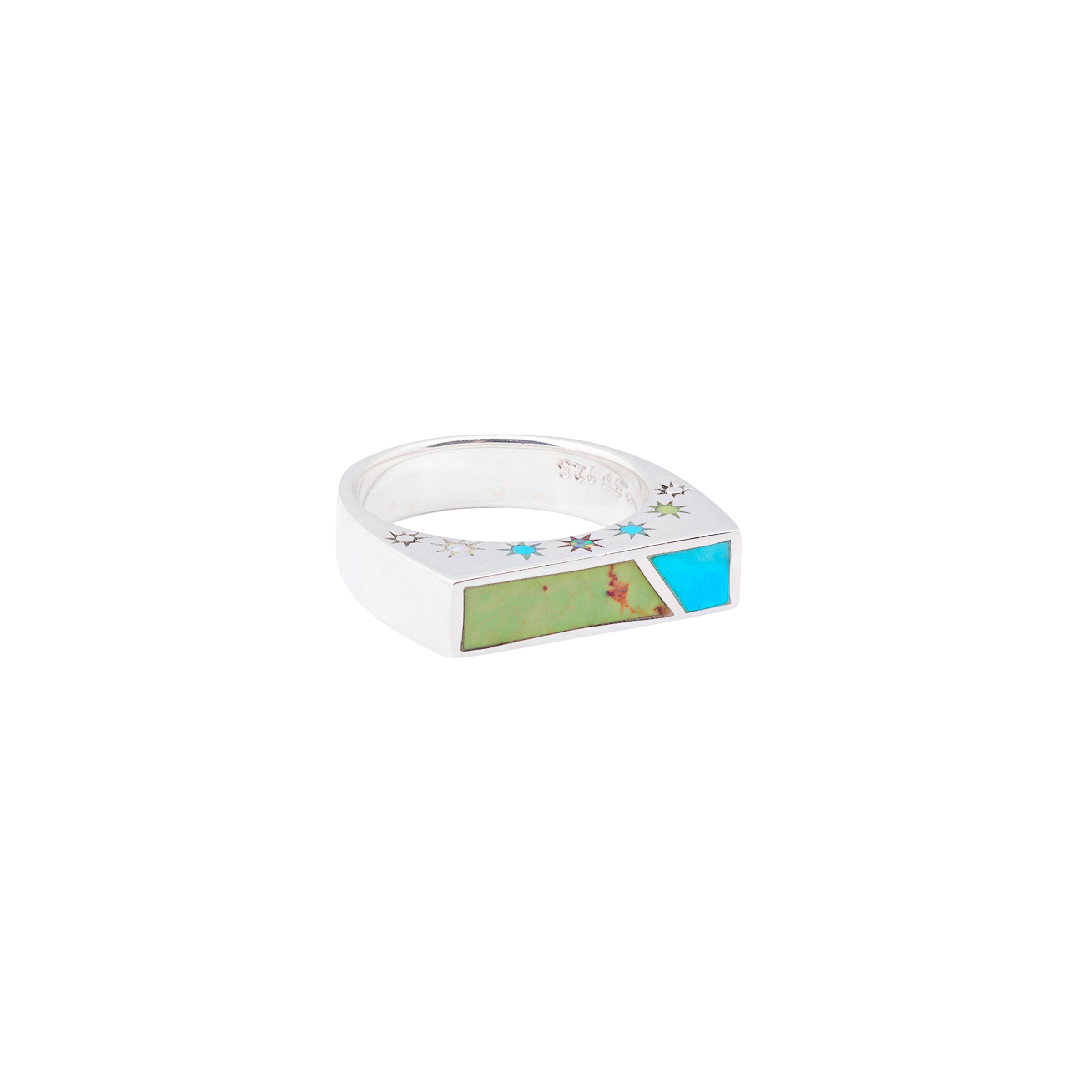 A Sterling Silver ring inlayed with Green Turquoise, Blue Turquoise, White Opal and Purple Opal. .A bar of turquoise sets the mood on top while stars adorn the sides.