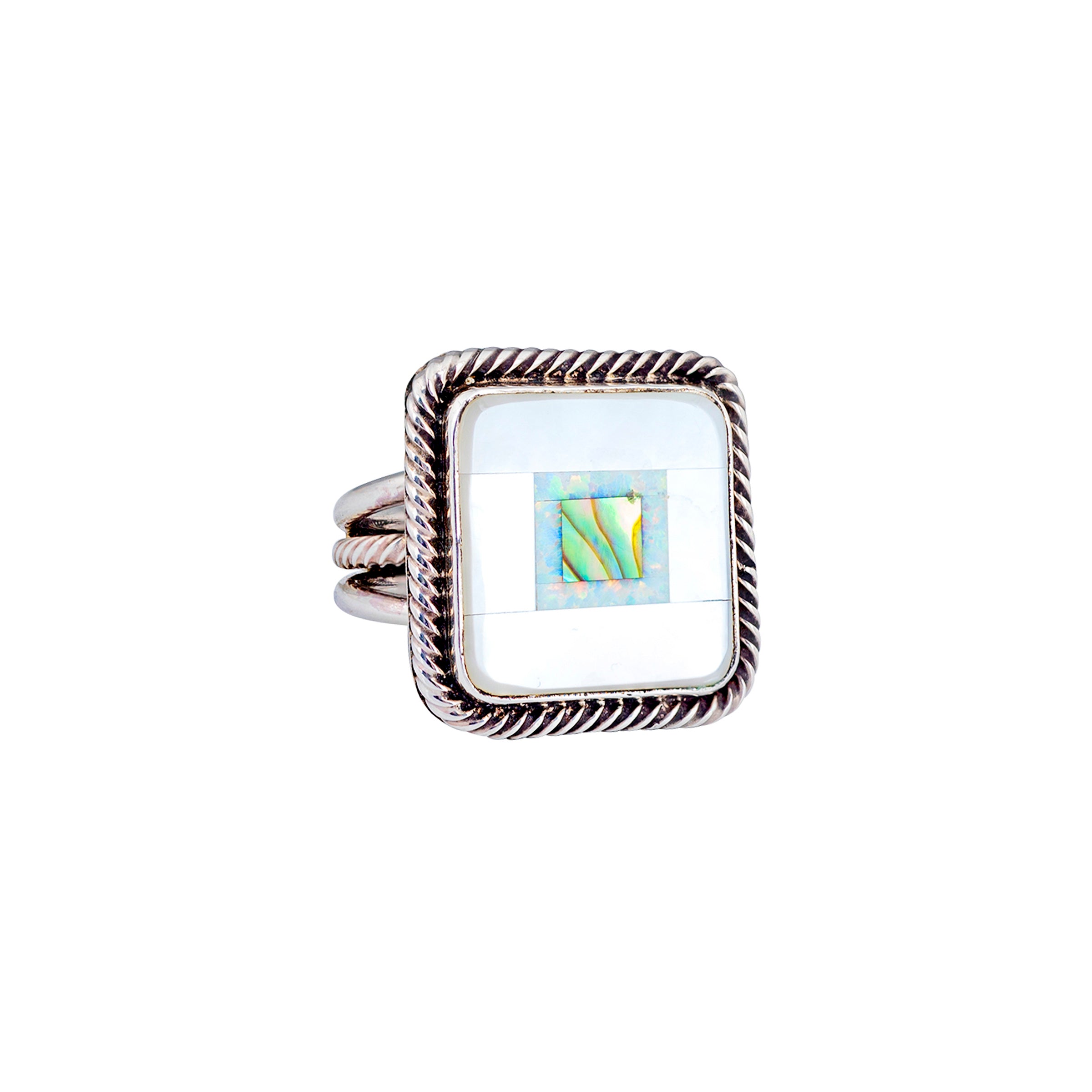 A sterling silver ring with a square-shaped multicolor stone, featuring abalone, mother of pearl, and opal.