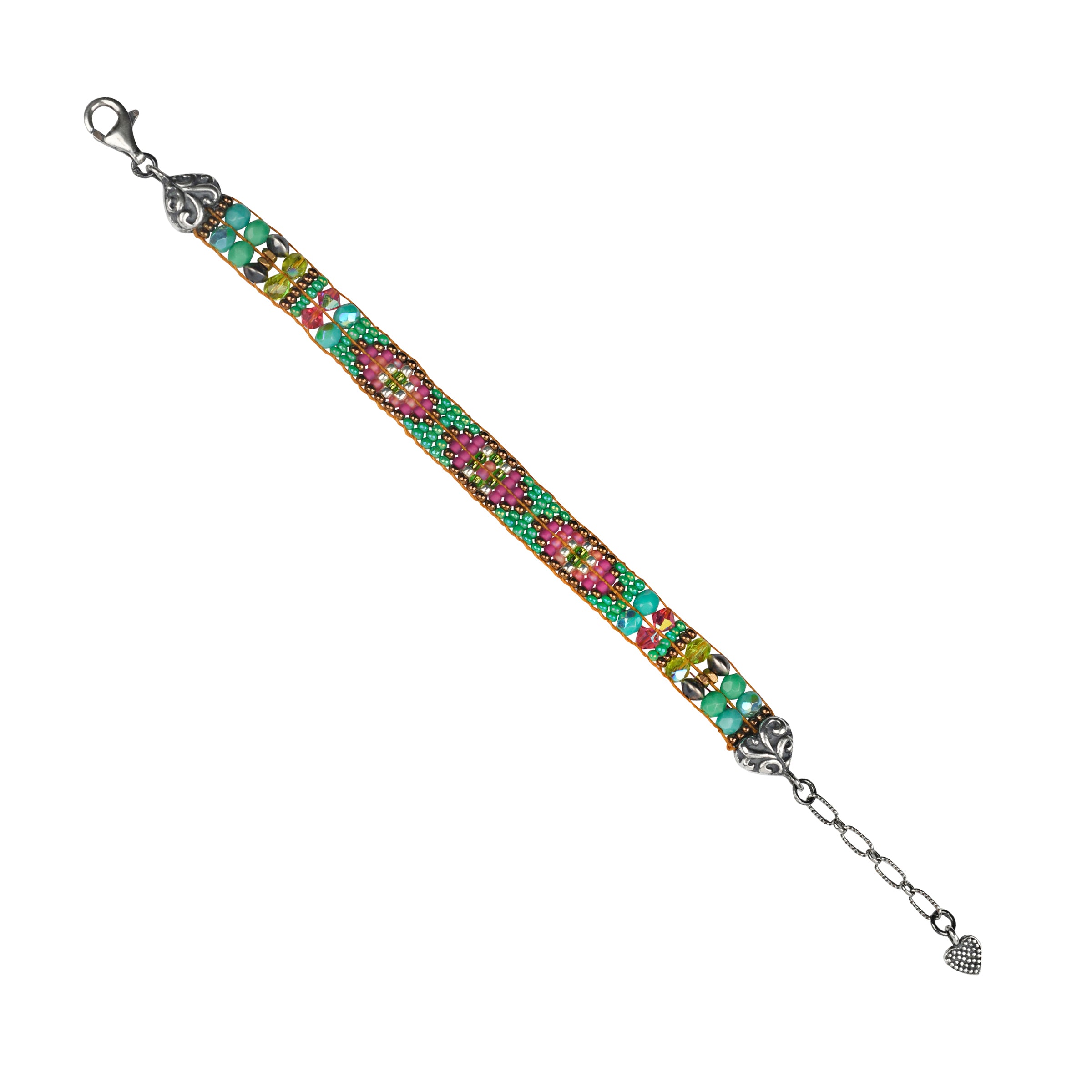 Hand woven by Adonnah Langer, this beautiful beaded bracelet is strung in a geometric pattern with radiant hues of teal, green, and pink topped with Desert Pearls