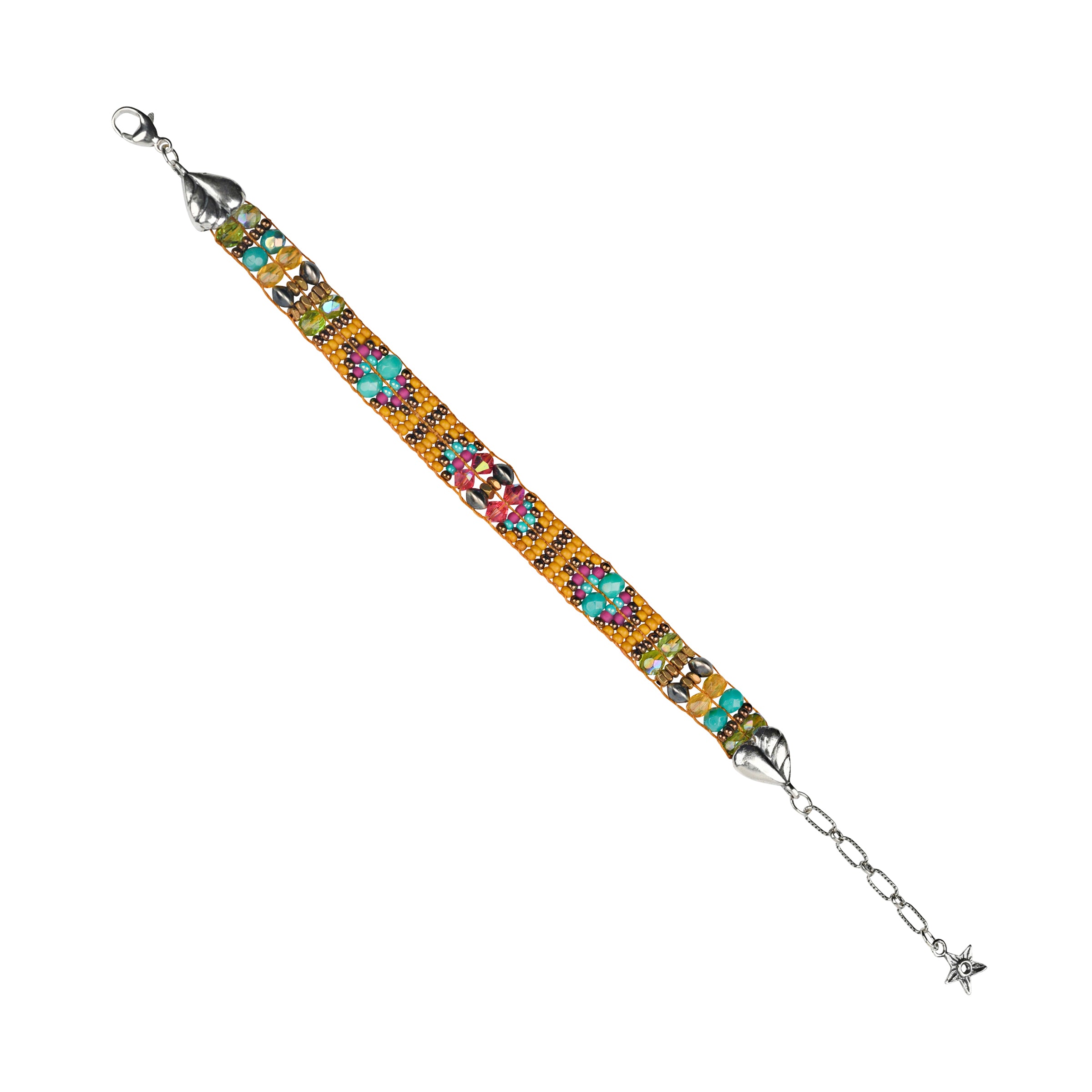 Hand woven by Adonnah Langer, this beautiful beaded bracelet is strung in a geometric pattern with brilliant hues of golden yellow, turquoise blue, vibrant pinks, and green topped with Desert Pearls