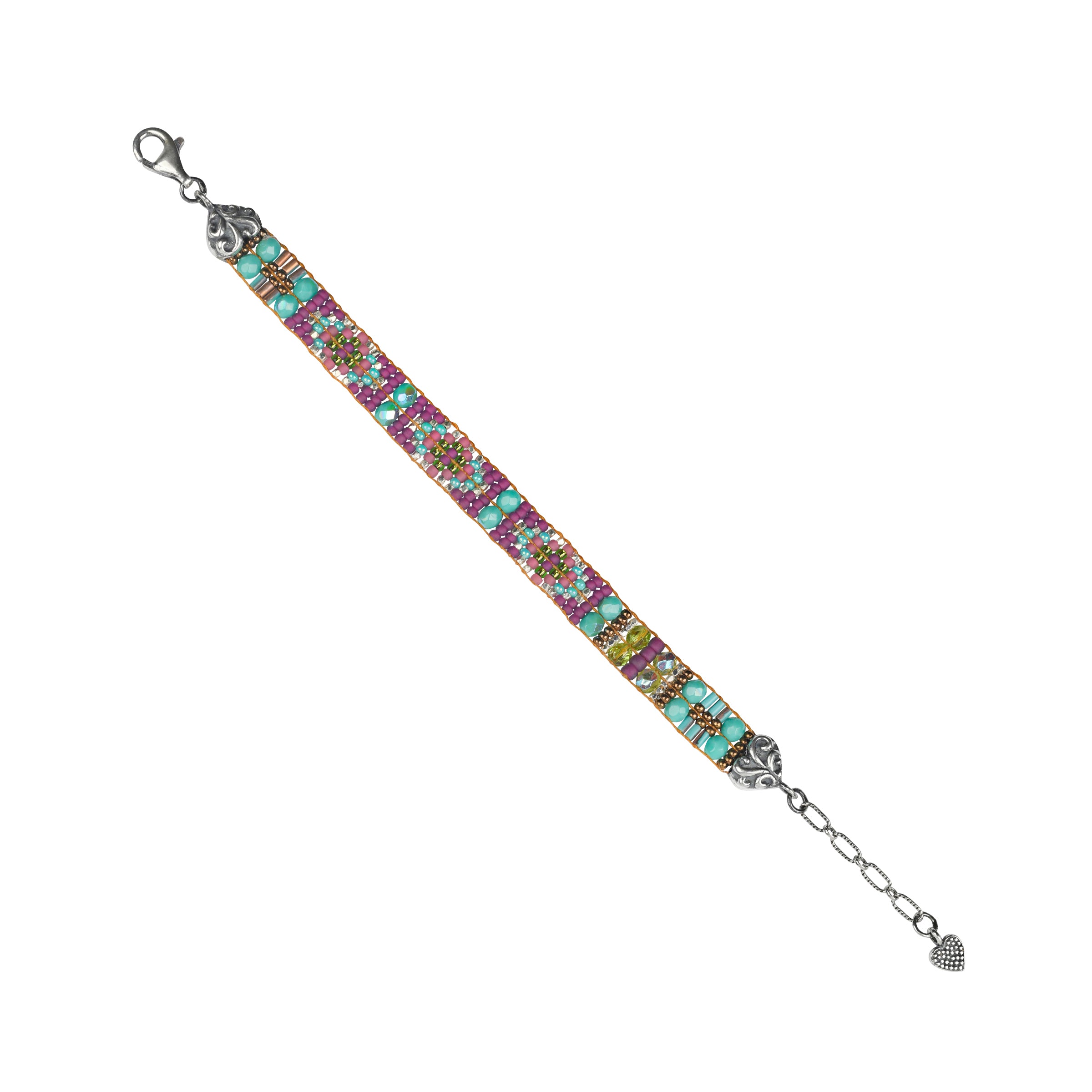 Hand woven by Adonnah Langer, this beautiful beaded bracelet is strung in a geometric pattern with radiant hues of blue, green, purple and pink topped with notes of metallic bronze
