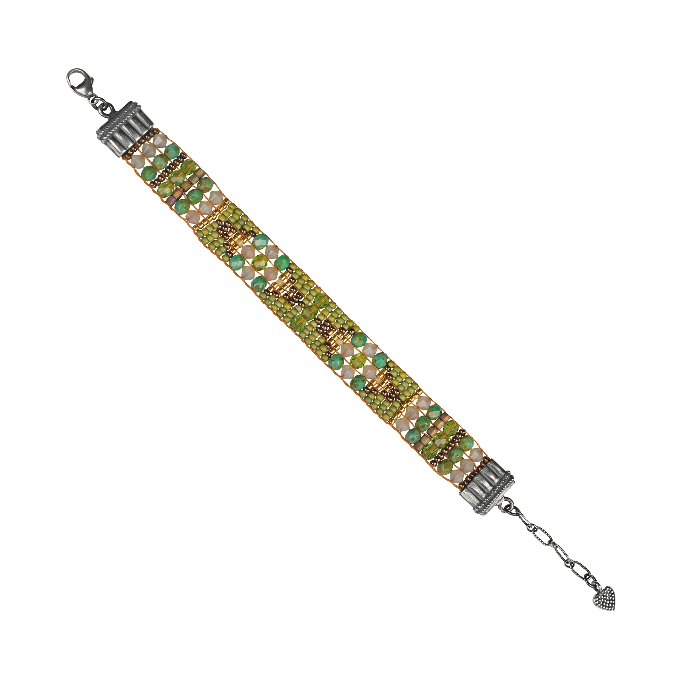 Hand woven by Adonnah Langer, this beautiful beaded bracelet is strung in a geometric pattern with brilliant hues of teal, green, and ivory