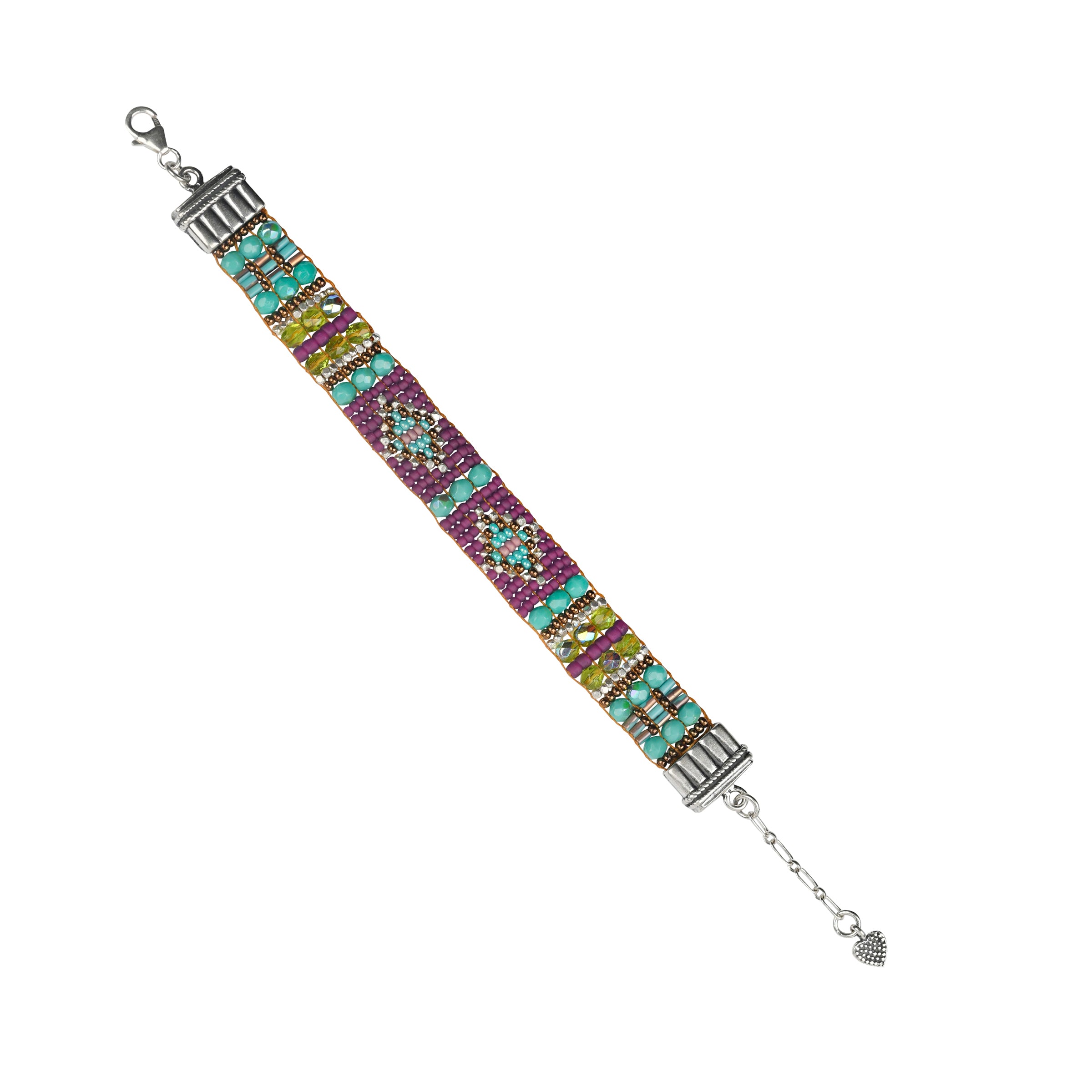 Hand woven by Adonnah Langer, this beautiful beaded bracelet is strung in a geometric pattern with vibrant hues of purple, green, blue, and metallic gold