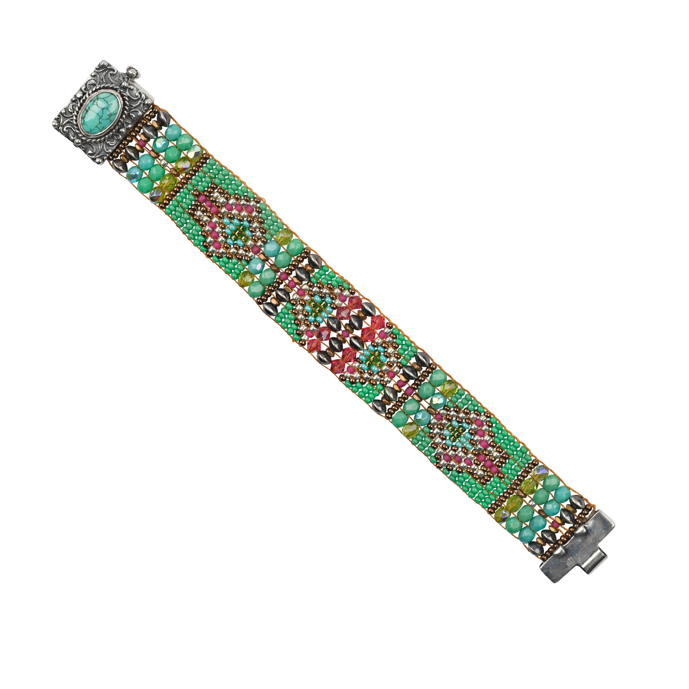 Hand woven by Adonnah Langer, this beautiful beaded bracelet is strung in a geometric pattern with hues of teal, green, blue, and pink topped with Desert Pearls