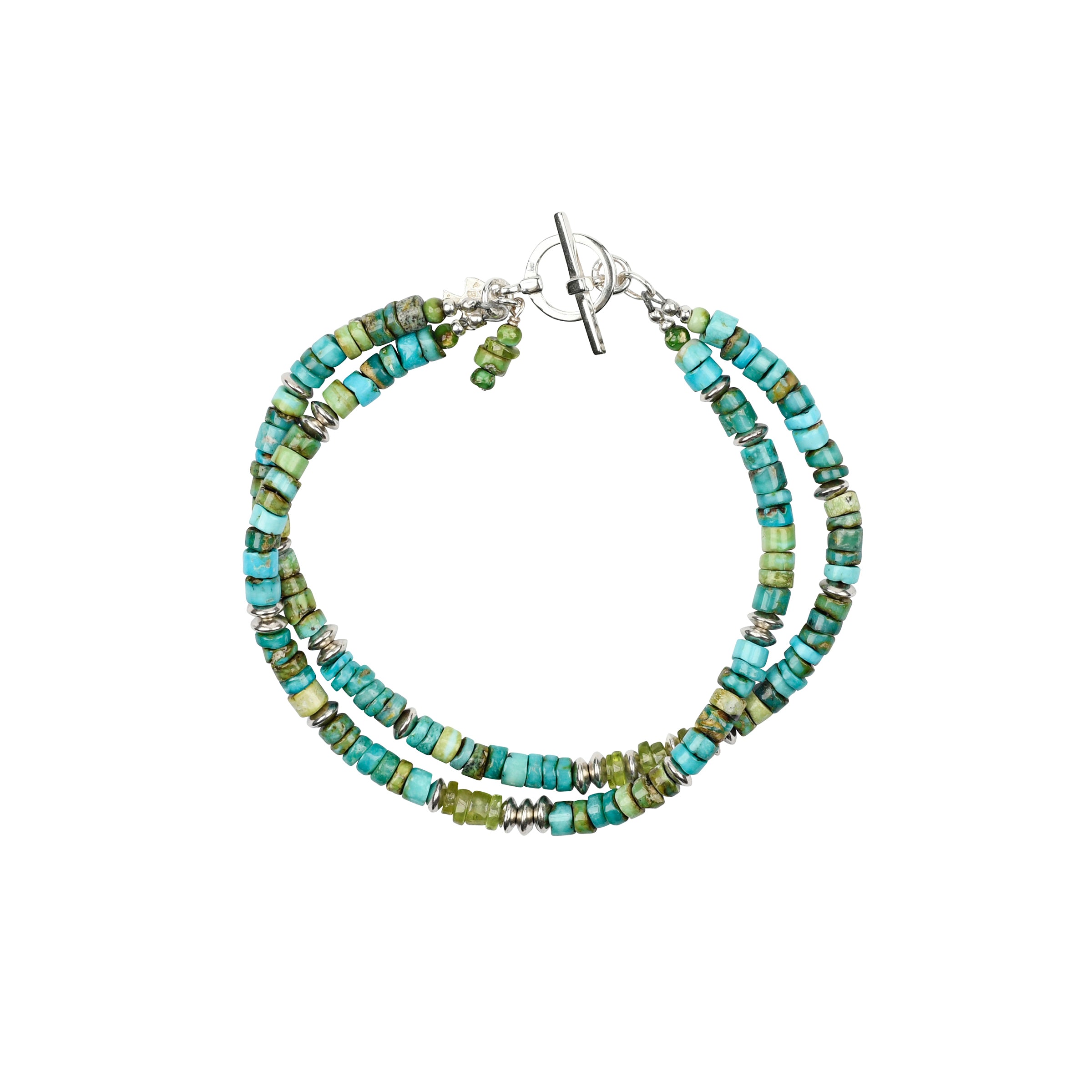 Two strand turquoise bracelet with sterling silver toggle and bead accents.