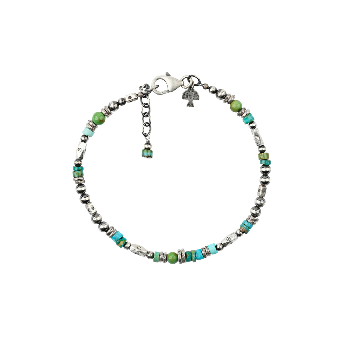 Beaded bracelet with blue and green turquoise beads and sterling silver beads with a silver lobster closure.