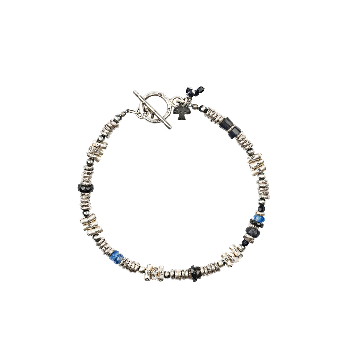 Beaded bracelet with silver, blue, and black beads and a toggle clasp.