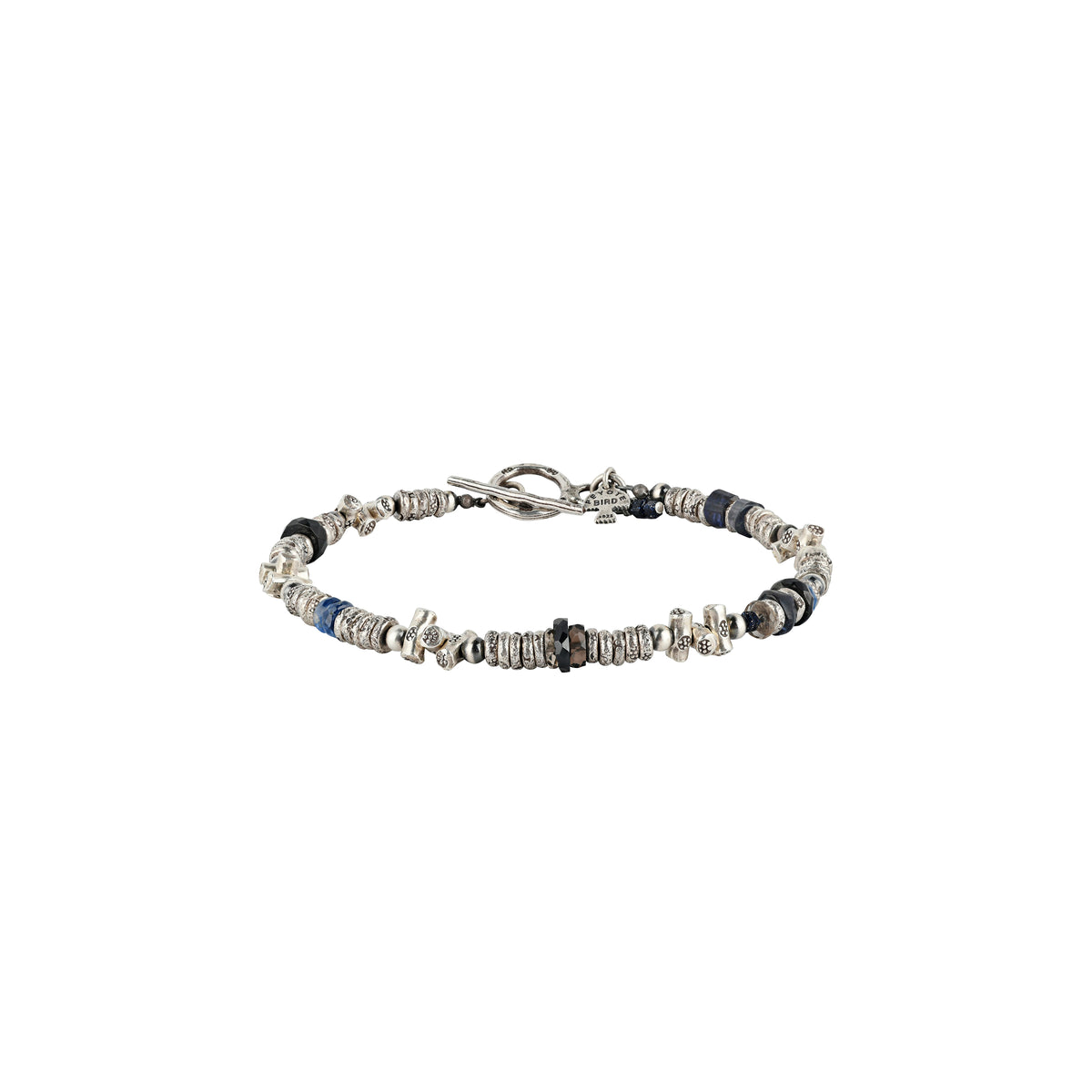 Beaded bracelet with silver, blue, and black beads and a toggle clasp.