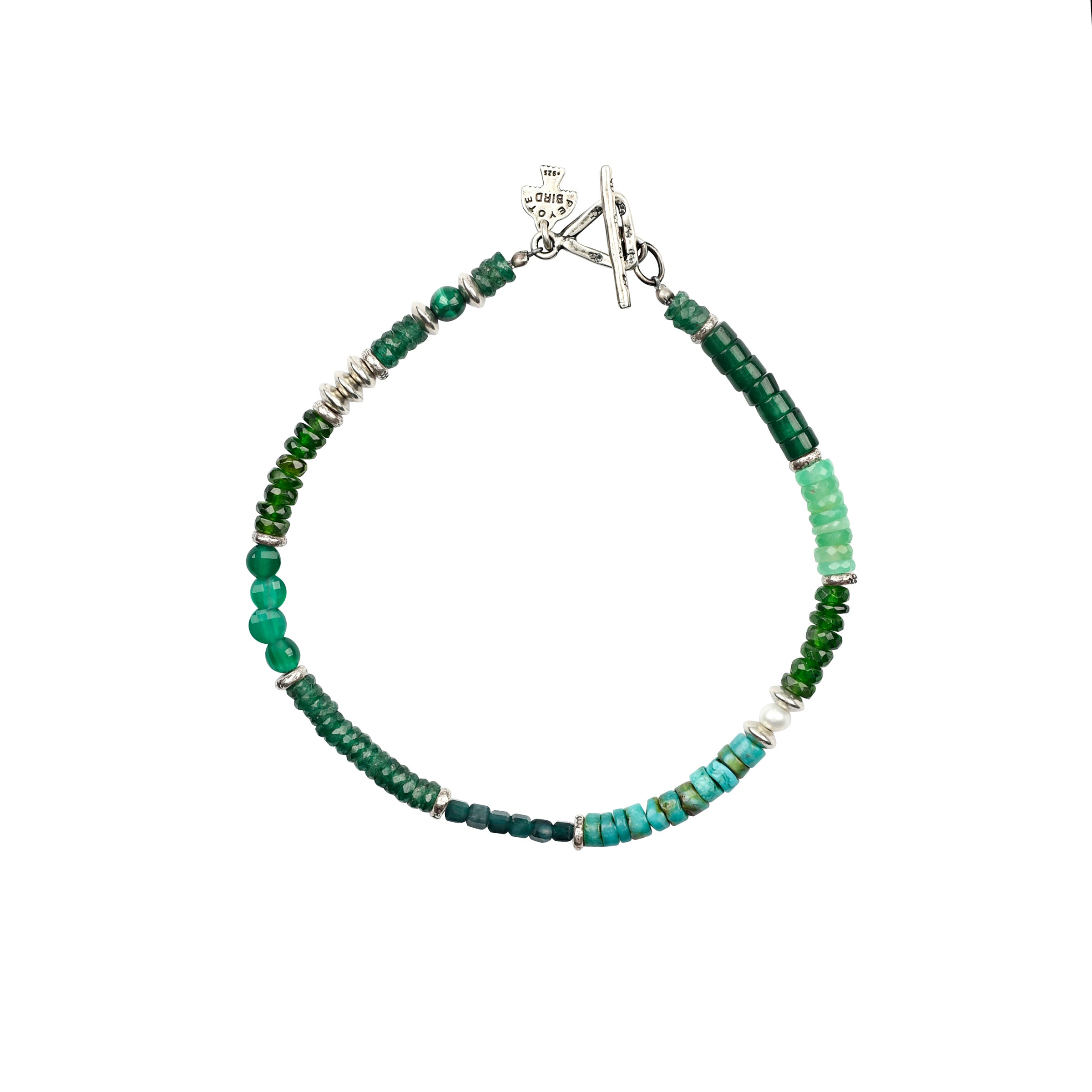 Sterling silver toggle with varied green and sterling silver beads in beaded bracelet.