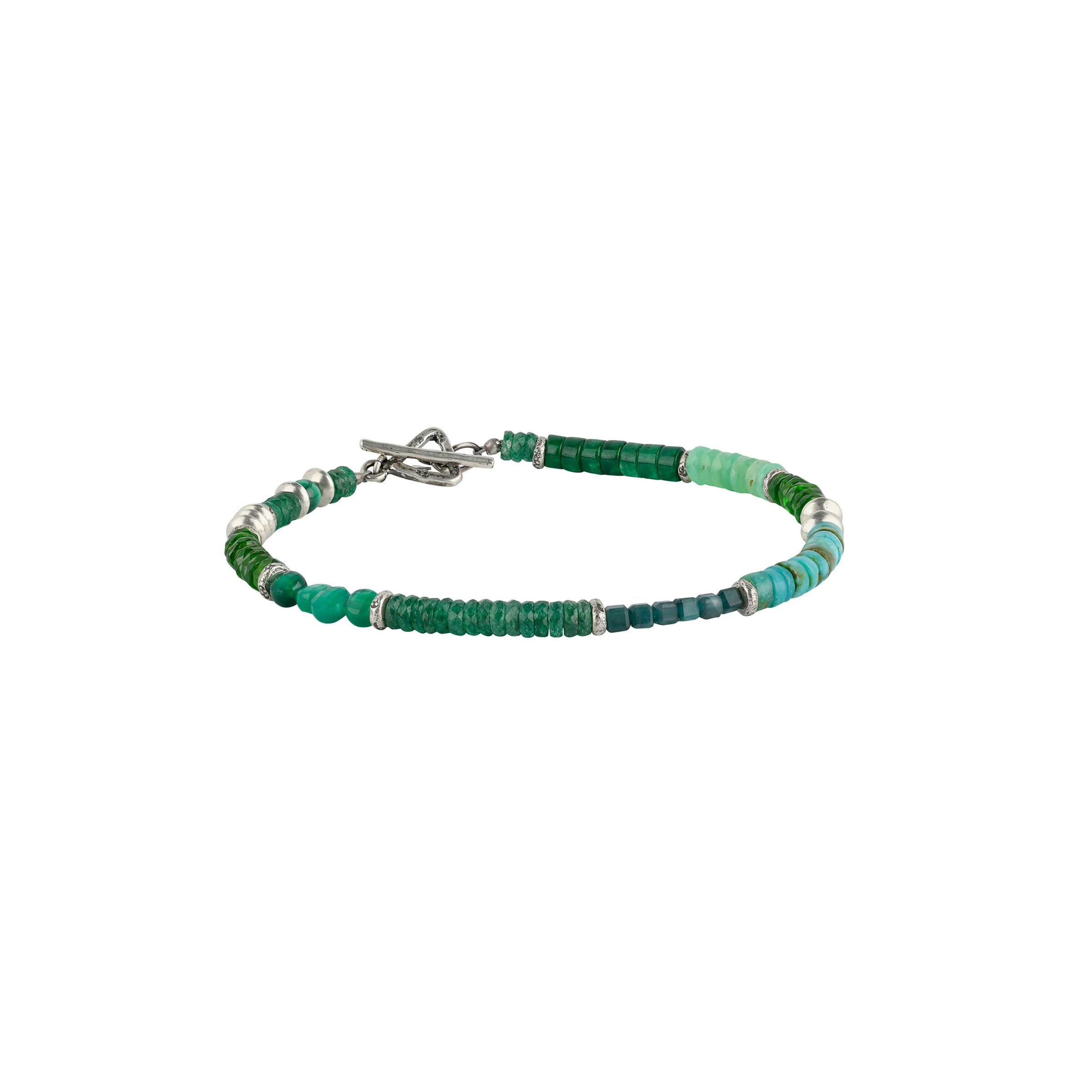 Sterling silver toggle with varied green and sterling silver beads in beaded bracelet side view.