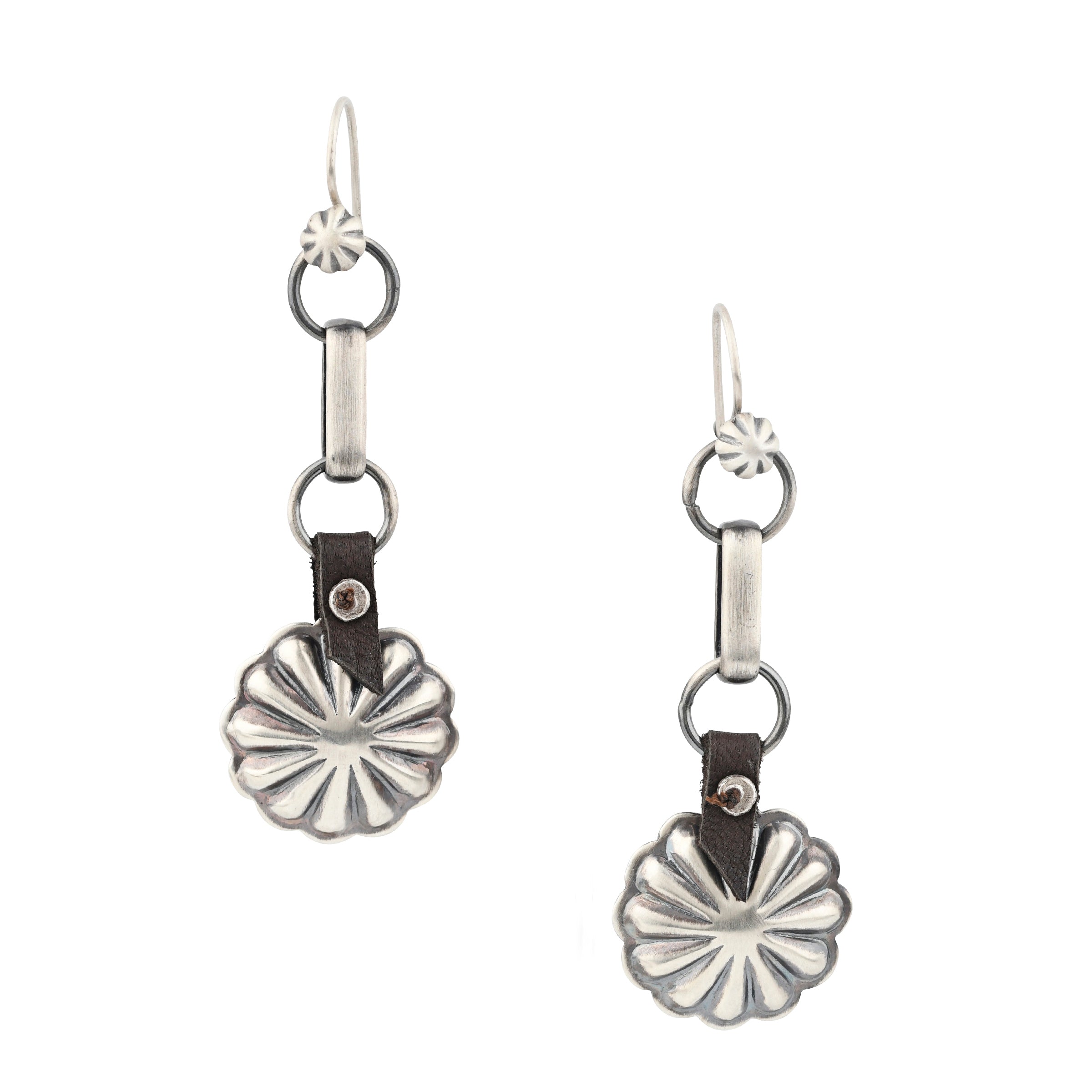 Revival Concho Trail Earrings, sterling silver, deer skin leather, made in USA, accessory