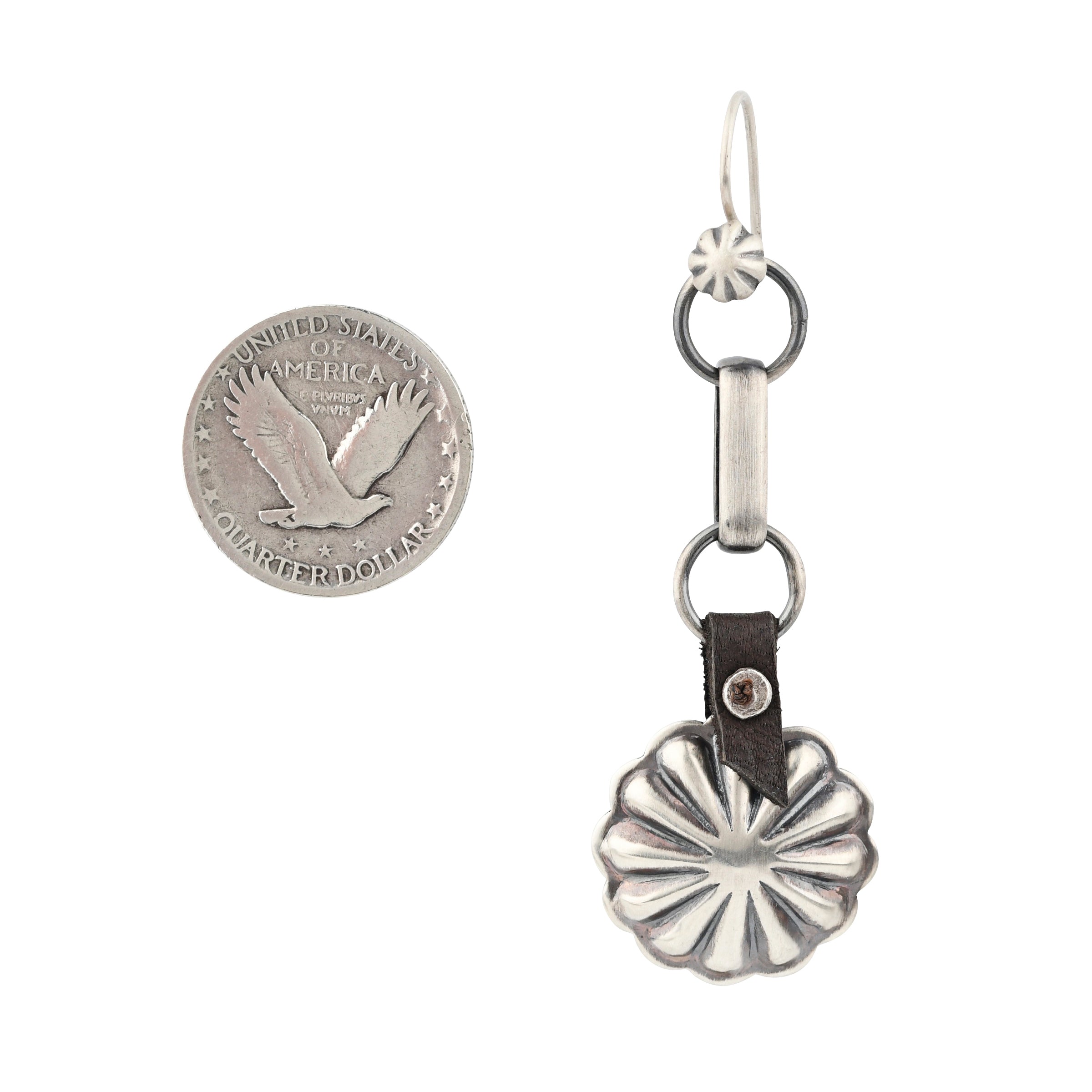 Revival Concho Trail Earrings, sterling silver, deer skin leather, made in USA, accessory