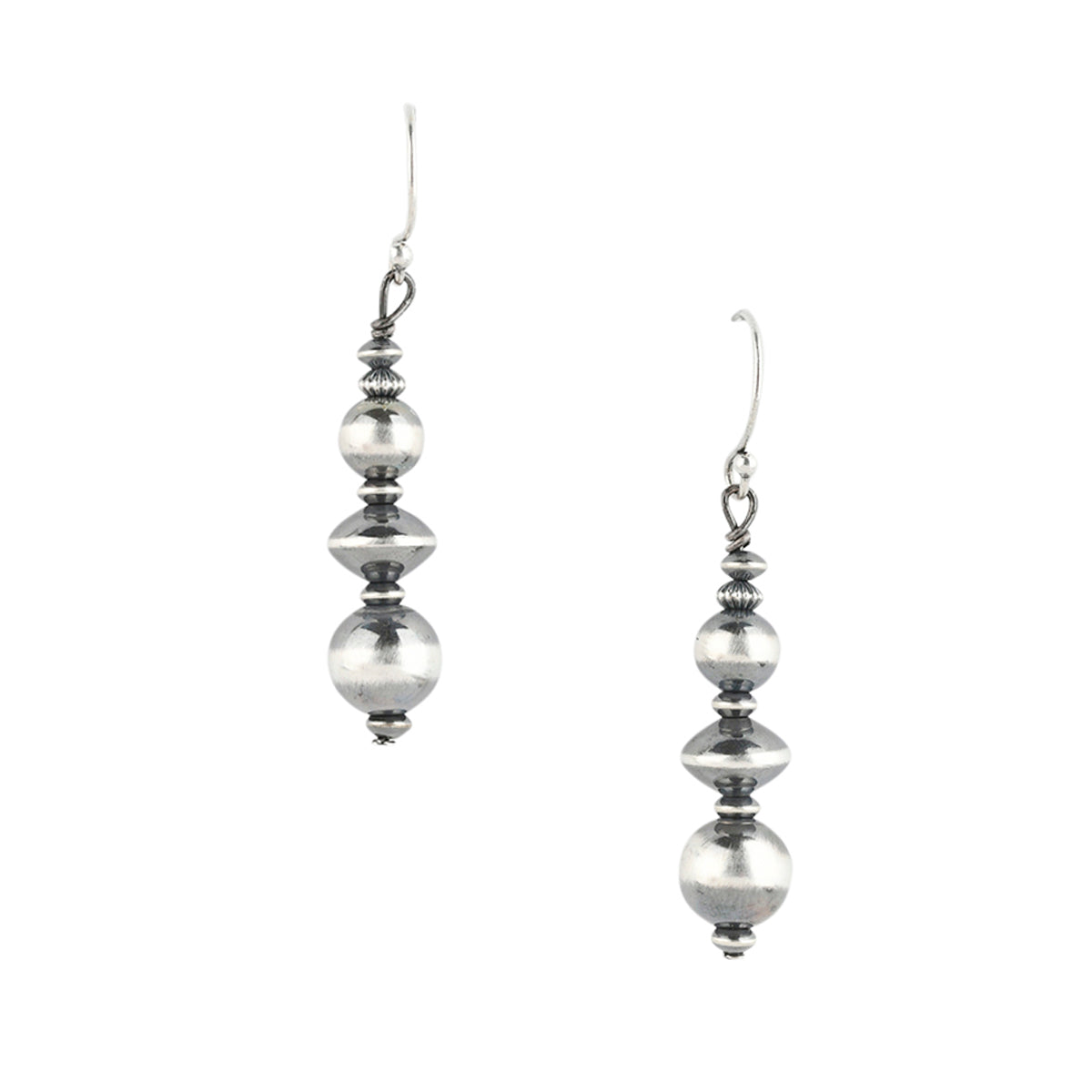 Stacked Sterling silver bead earrings in multiple shapes and sizes