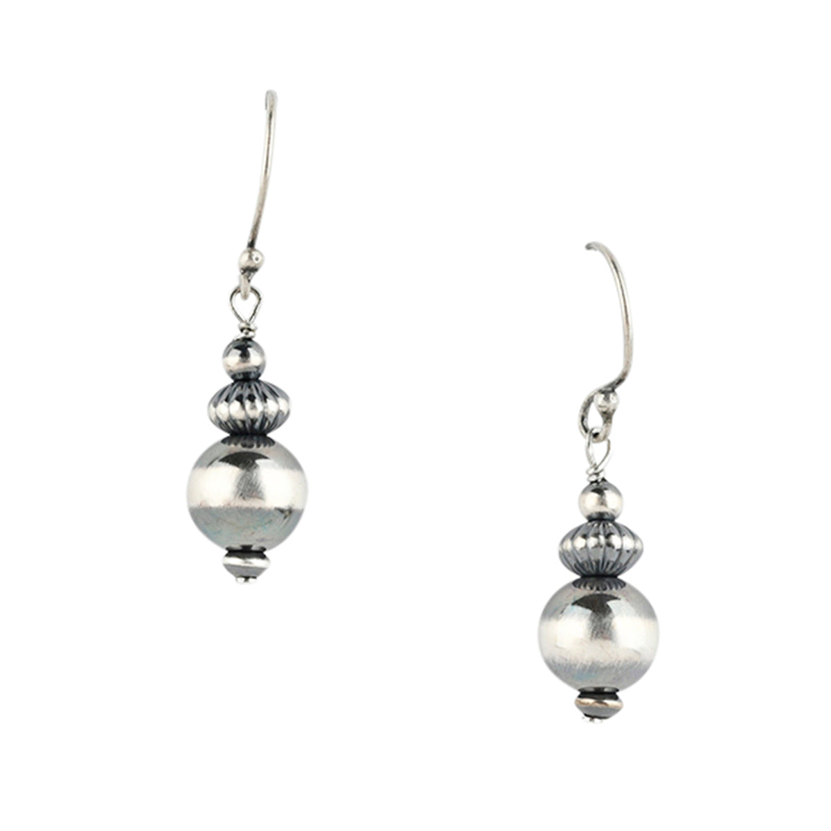 Sterling silver large beaded earrings with corrugated saucer bead suspended on silver ear wires