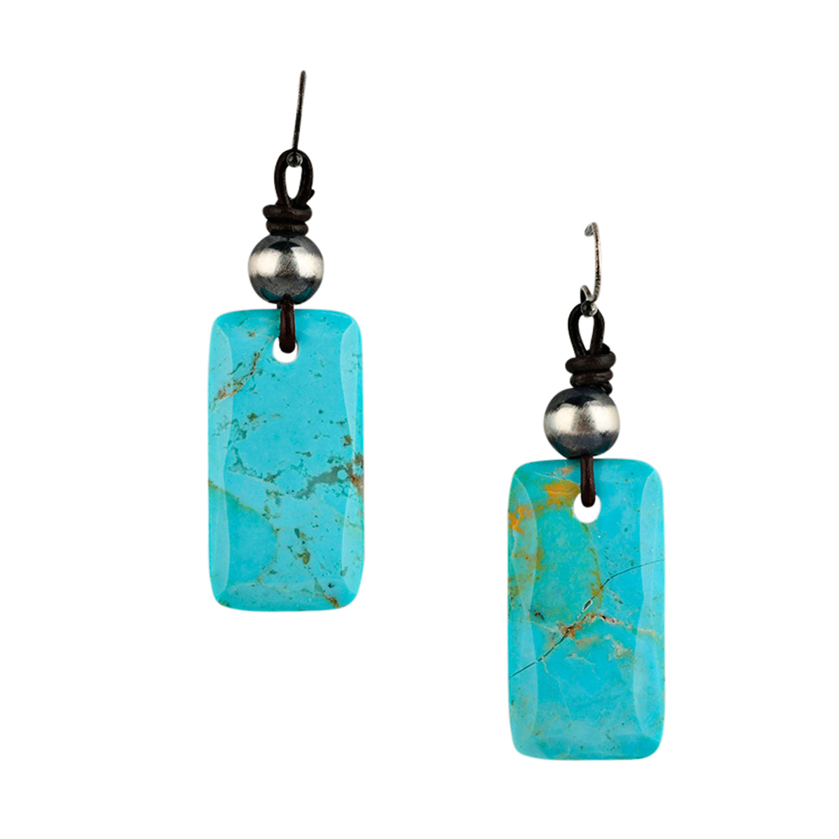 Turquoise rectangular tab earrings with silver bead accent and goat leather finished with Sterling Silver Earwire