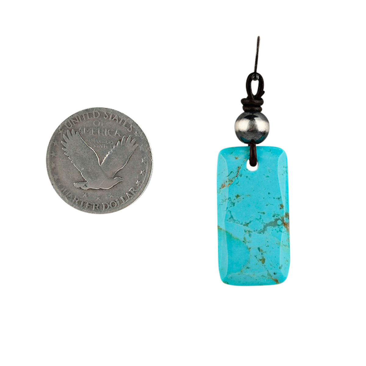 Turquoise rectangular tab earrings with silver bead accent and goat leather finished with Sterling Silver Earwire
