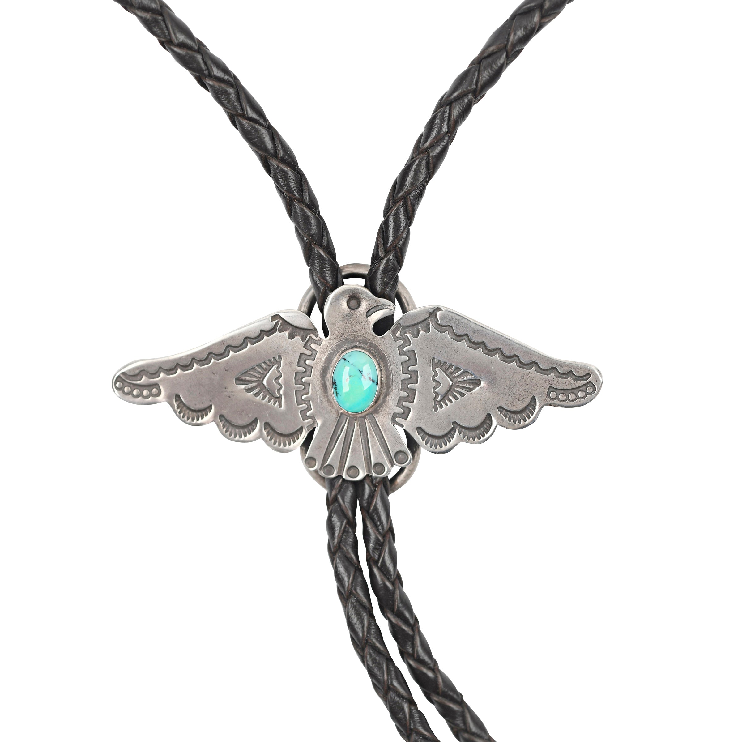 A Leather Bolo Tie featuring a stamped Sterling Silver Thunderbird Pendant by Joe Eby with Turquoise as the centerpiece