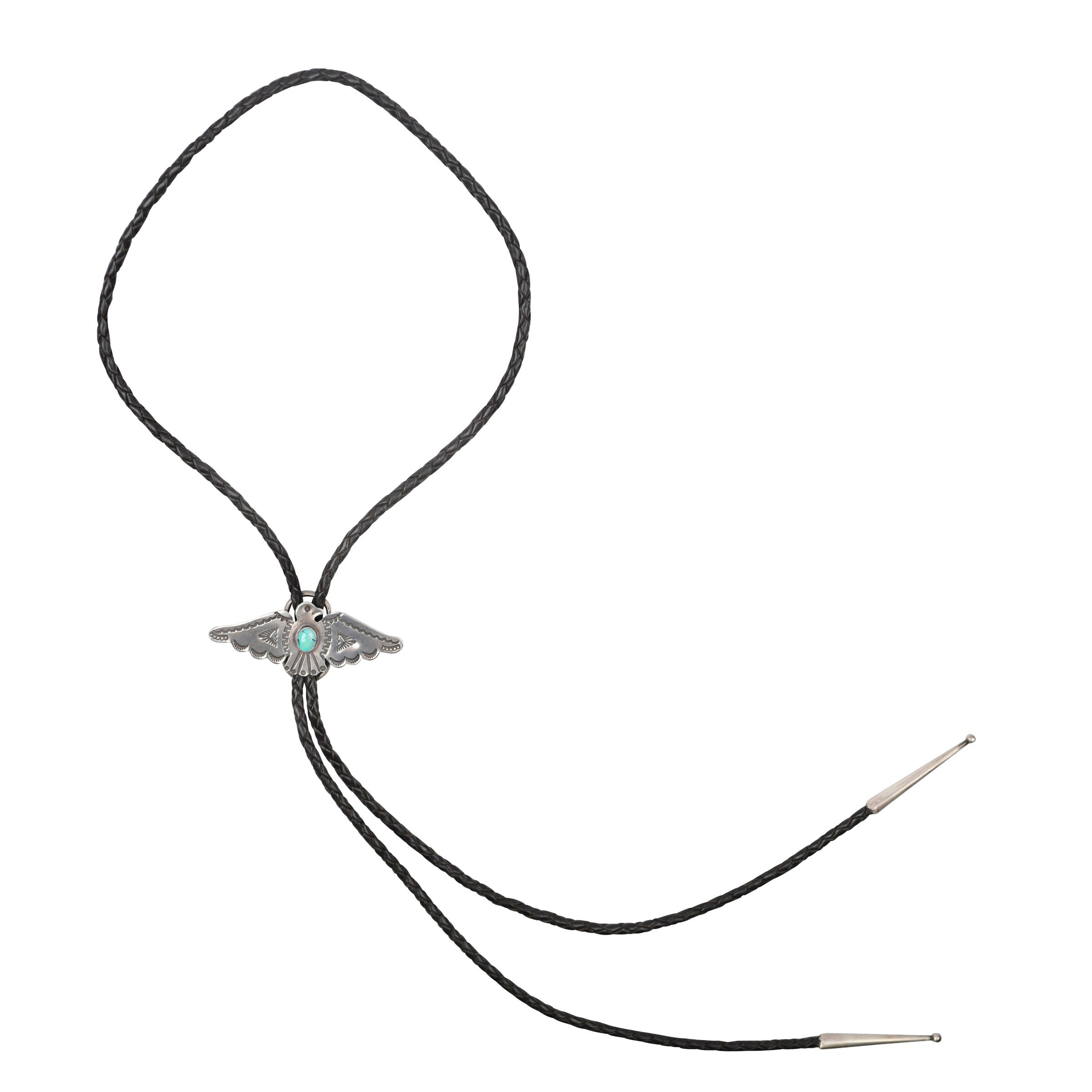 A Leather Bolo Tie featuring a stamped Sterling Silver Thunderbird Pendant by Joe Eby with Turquoise as the centerpiece