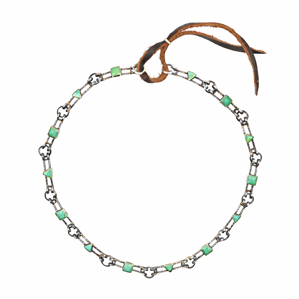 Sterling Silver handmade chain with green turquoise inlay in squares and triangles with leather slider closure hatband.