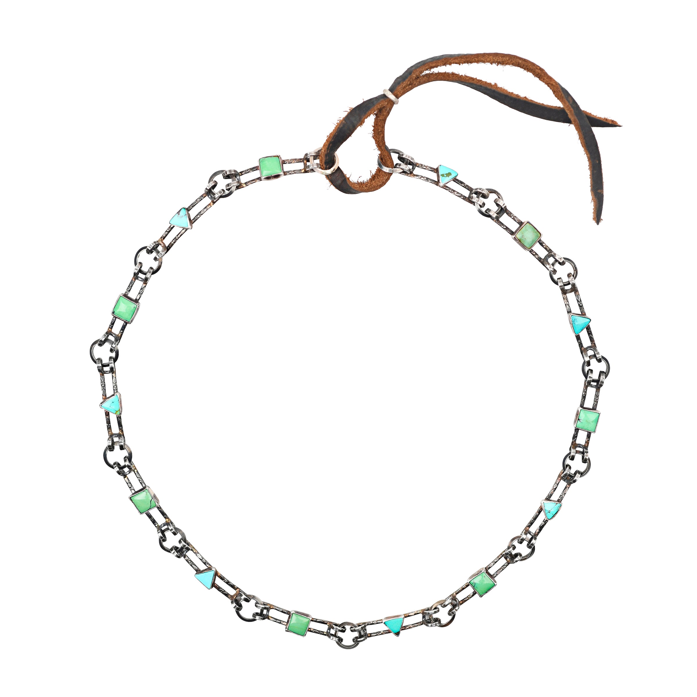Sterling Silver handmade chain with turquoise inlay in squares and triangles with leather slider closure hatband.