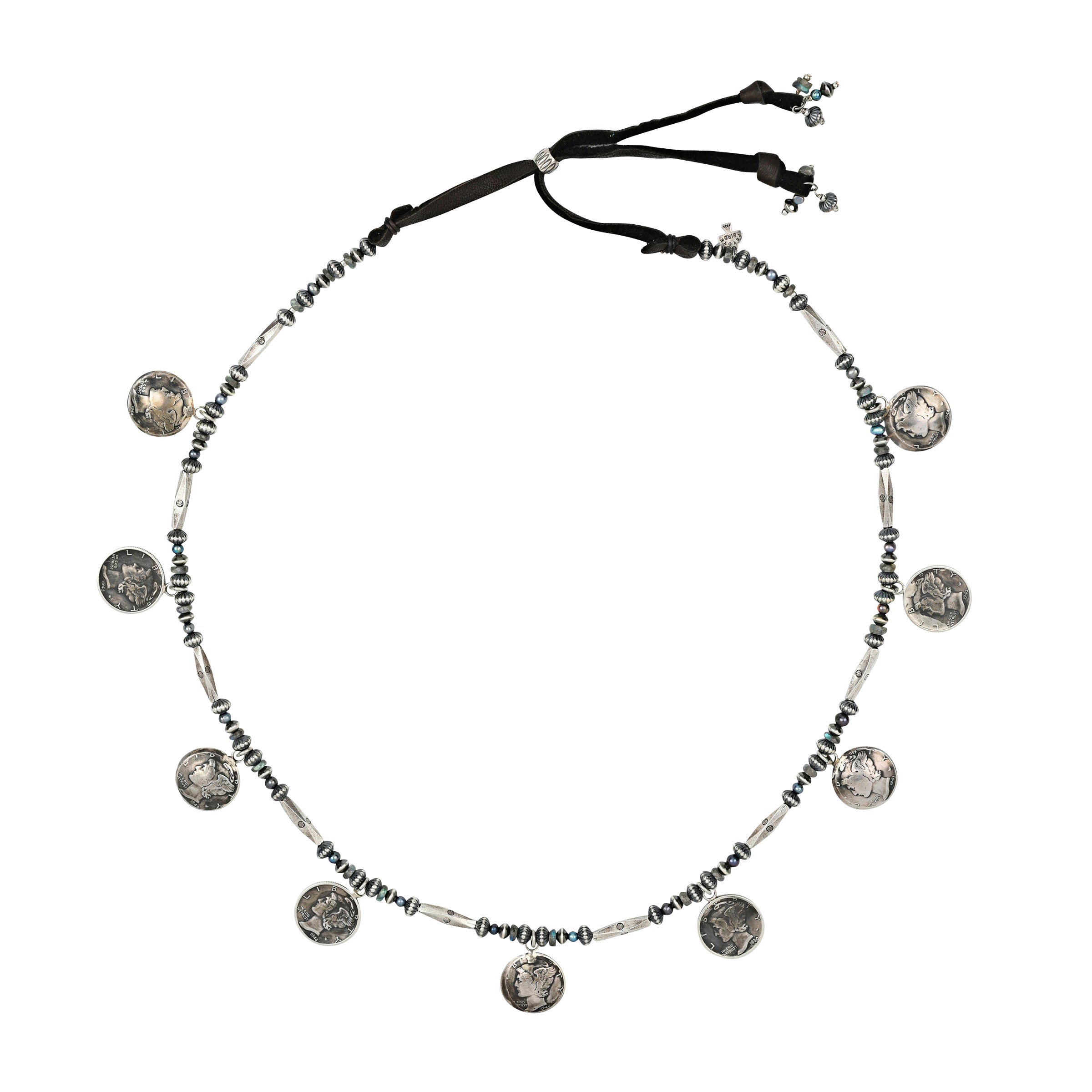 Sterling silver beads with coin charms and brown deerskin slider bead closure and charms.