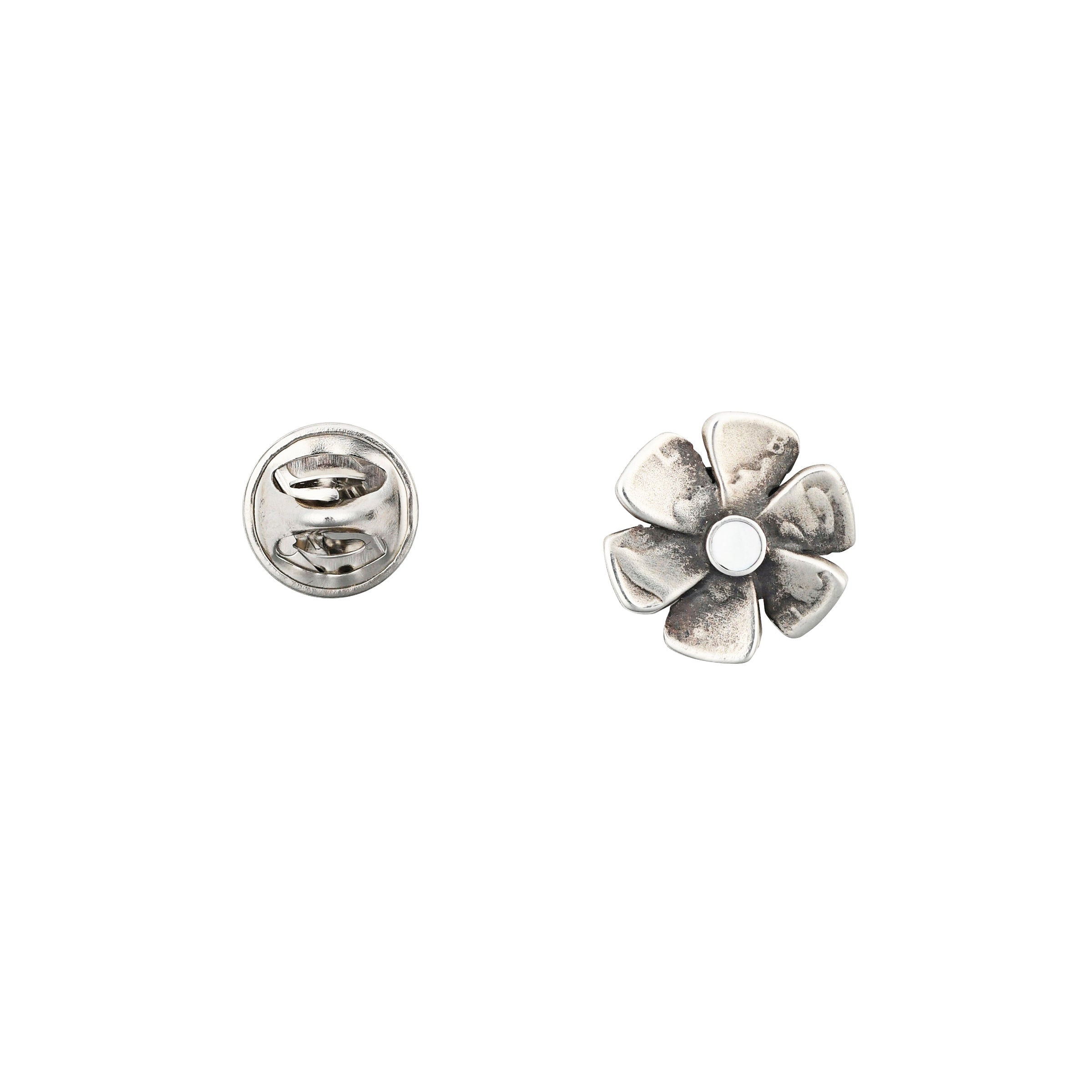 Vintage inspired, Sterling Silver flower pin featuring a design of a Liberty coin and Mother of Pearl.