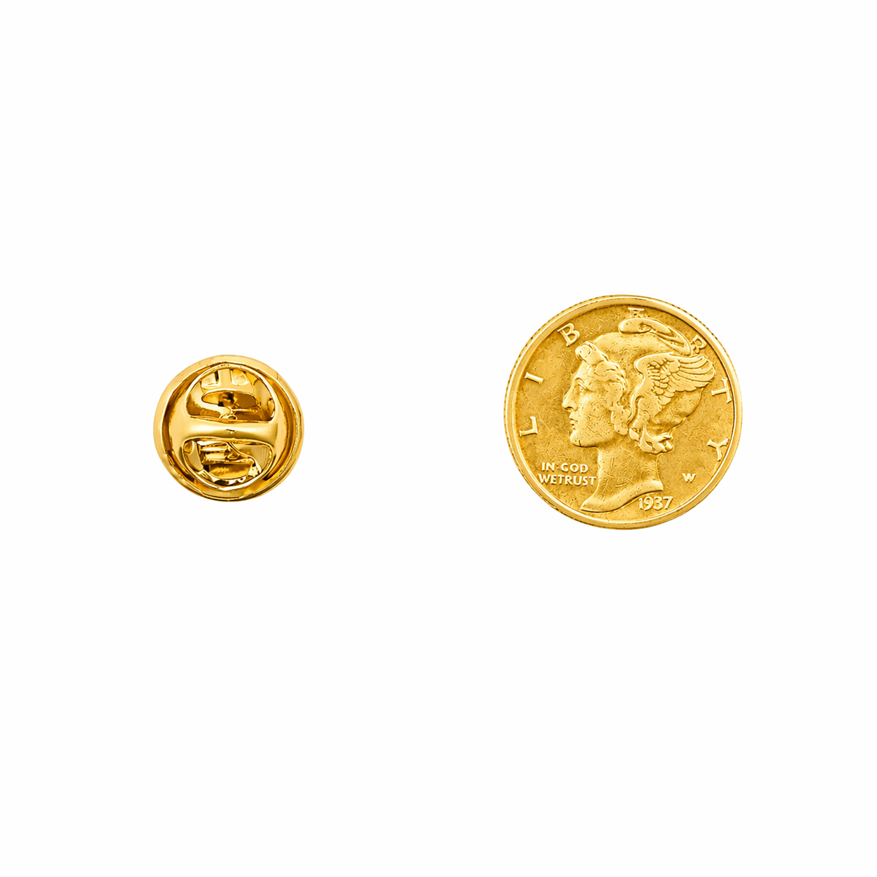 Liberty coin pin next to pin back in gold plate