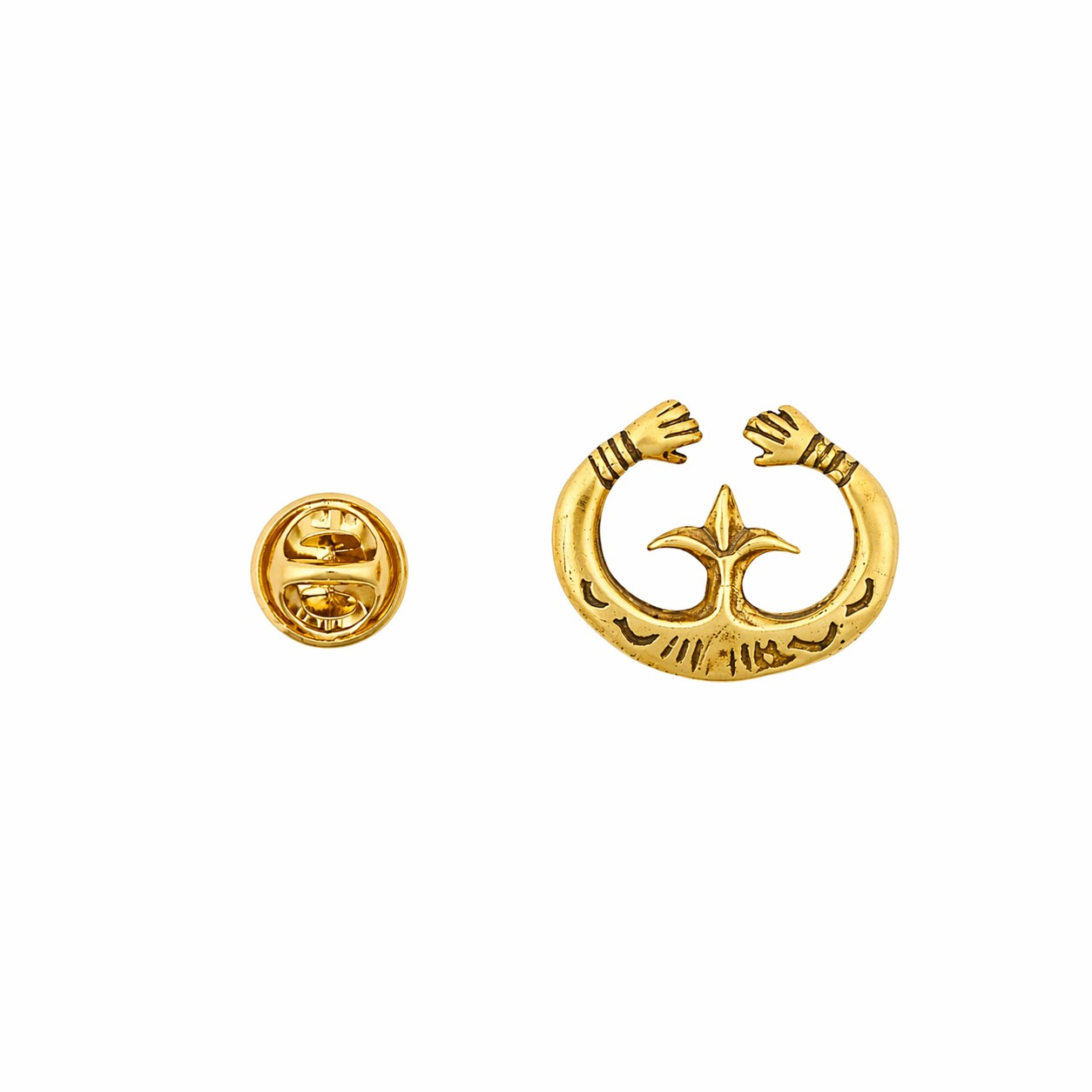 14K gold plated naja shaped pin with reaching hand details at the terminals and three flower interior next to pin back.