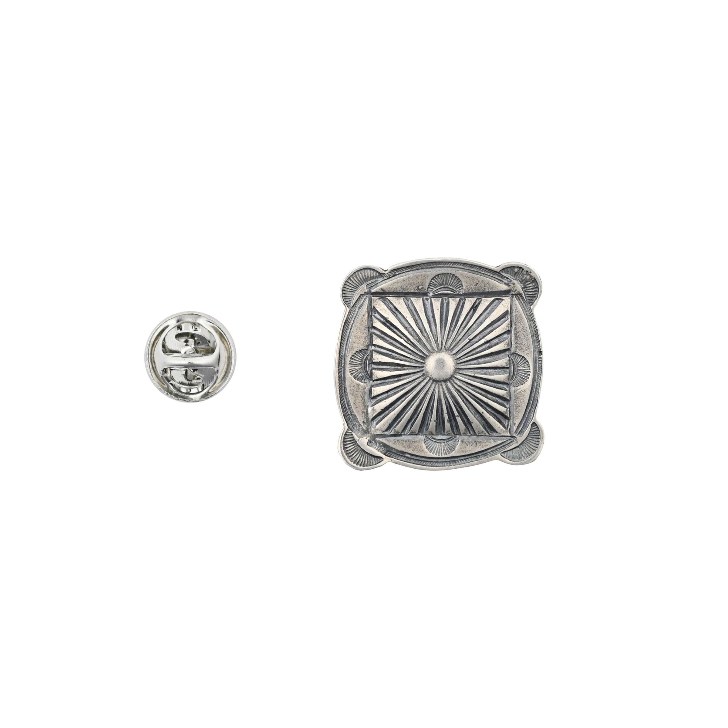 Square concho pin with intricate stamp detailing and rounded circle corners next to pin back.